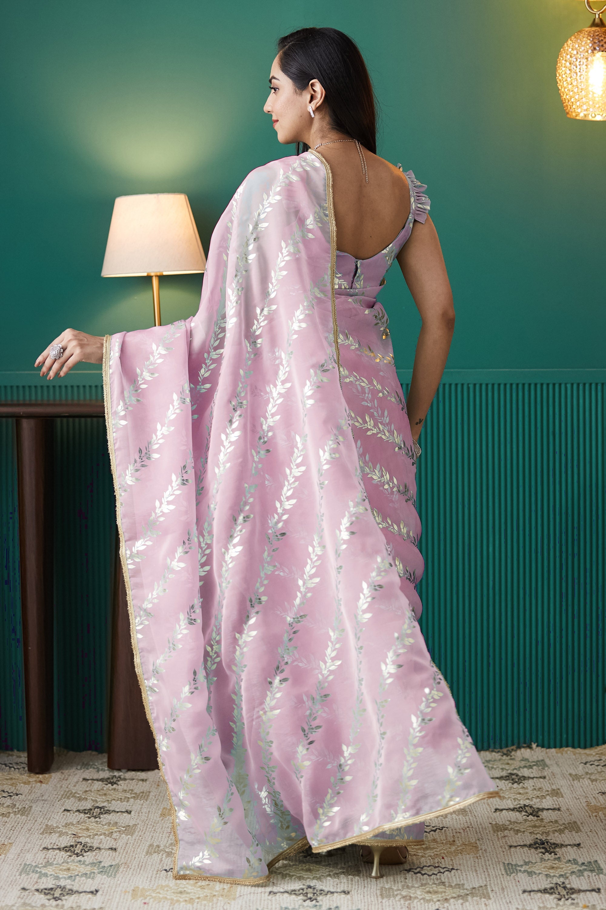 Organza Leaf Foil Print Ready To Wear Saree
