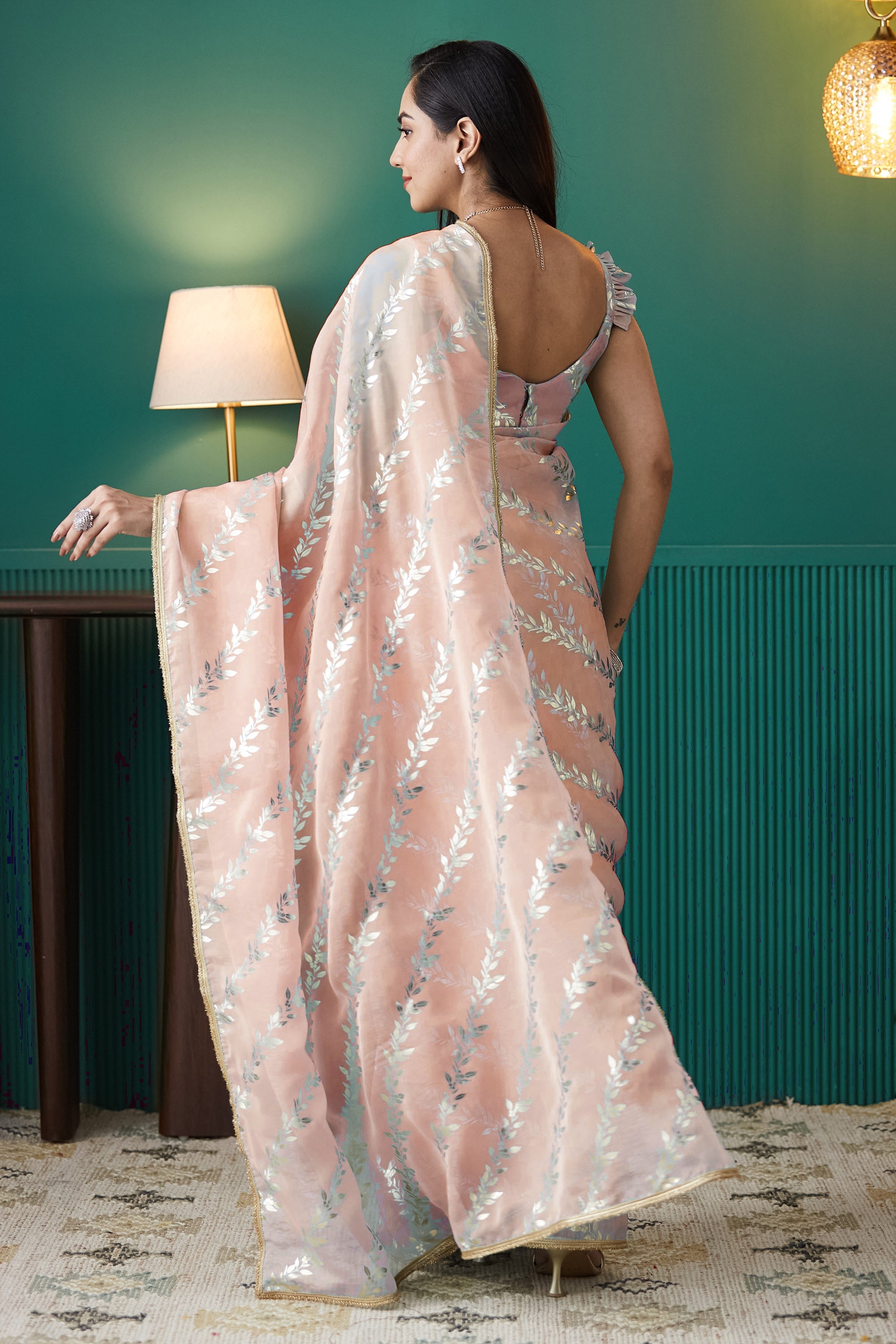 Organza Leaf Foil Print Ready To Wear Saree