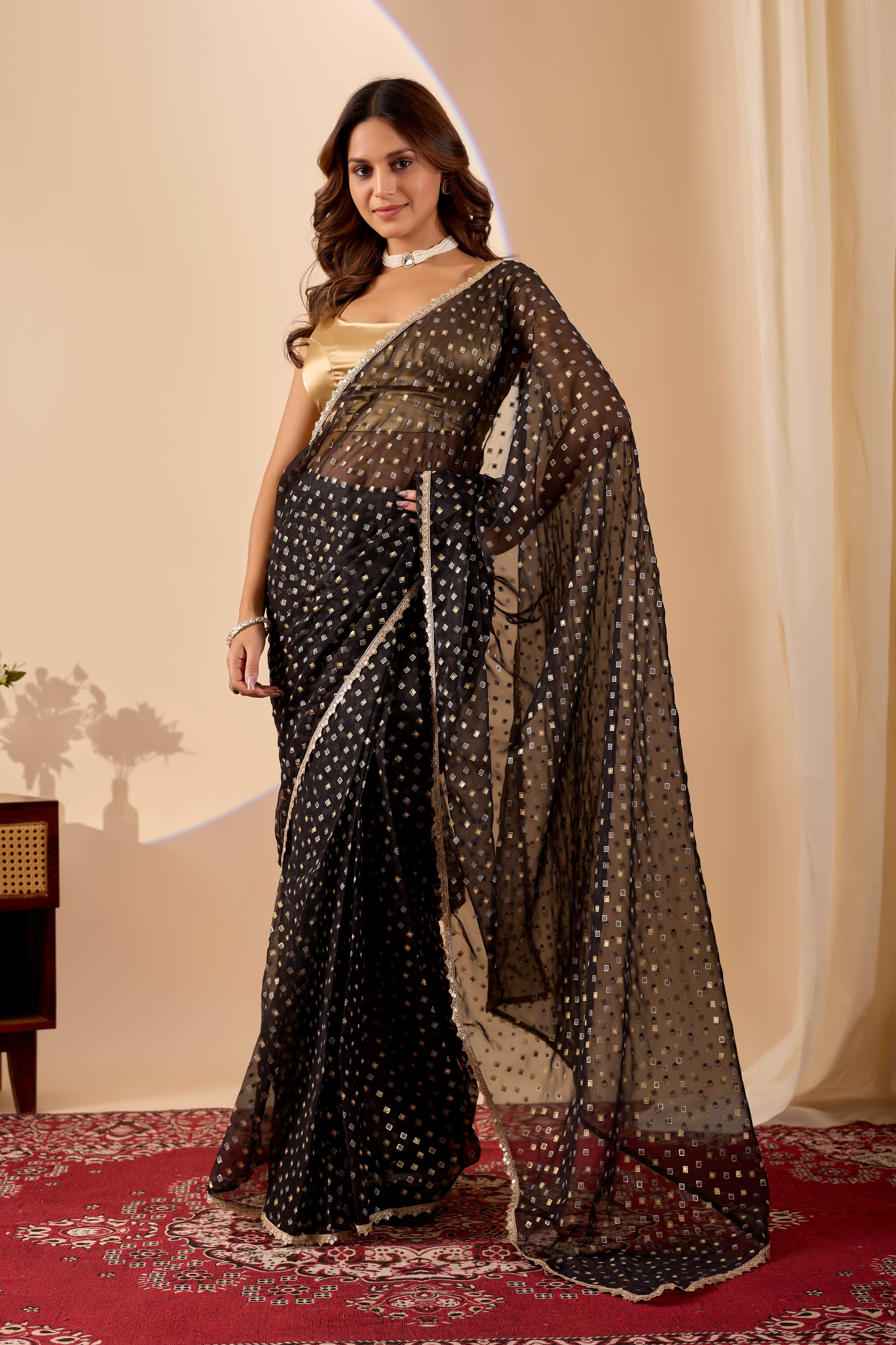 Midnight Ebony Shimmer in Poly Chiffon with Golden Sequin Embroidery.