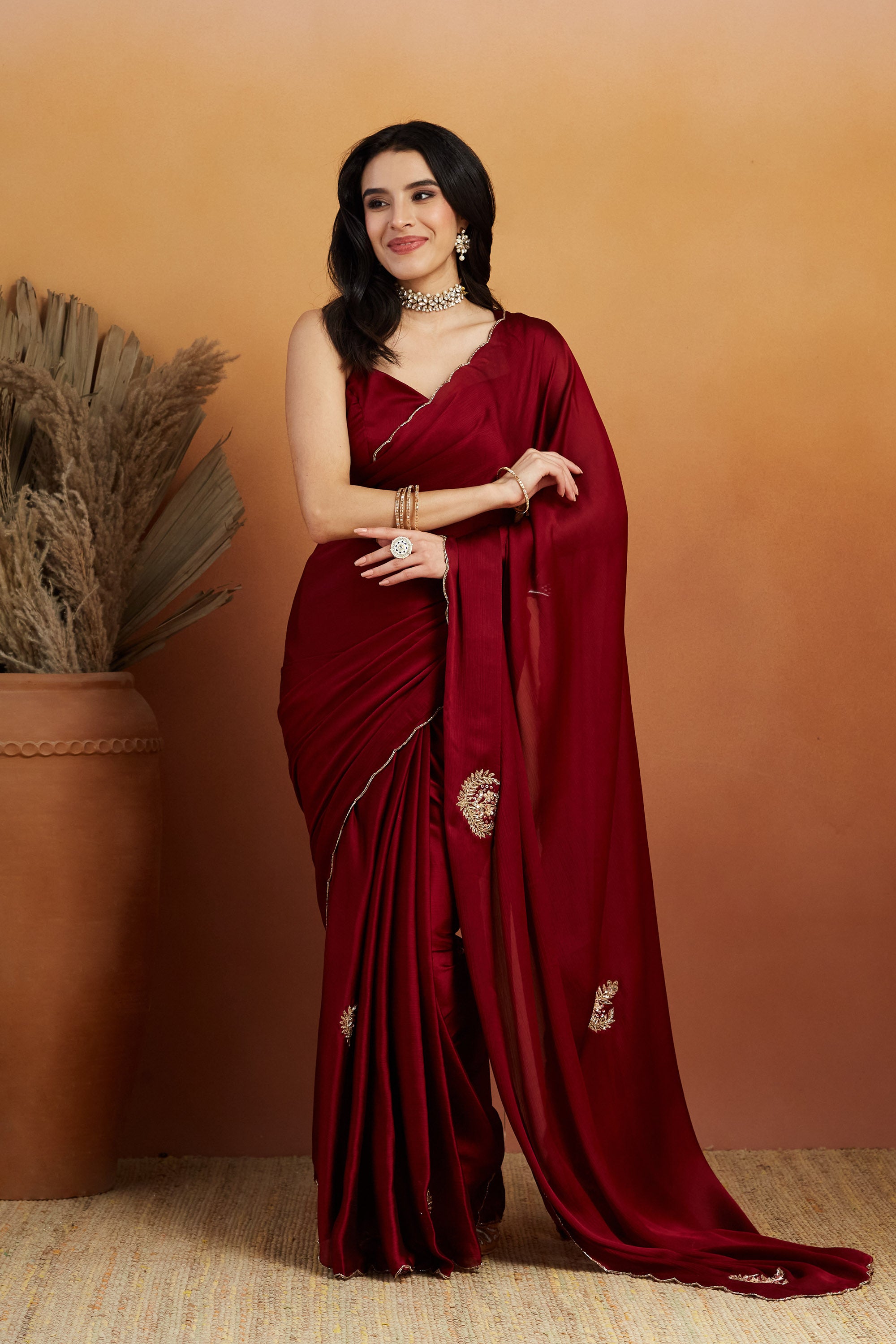 Khatali Work Butta Designer Cutwork Maroon Saree