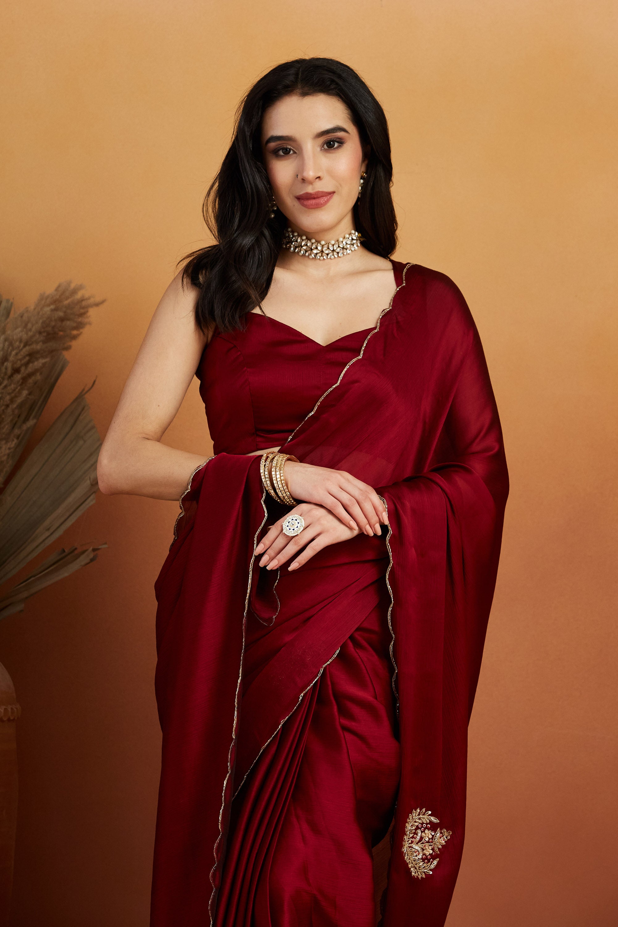 Khatali Work Butta Designer Cutwork Maroon Saree