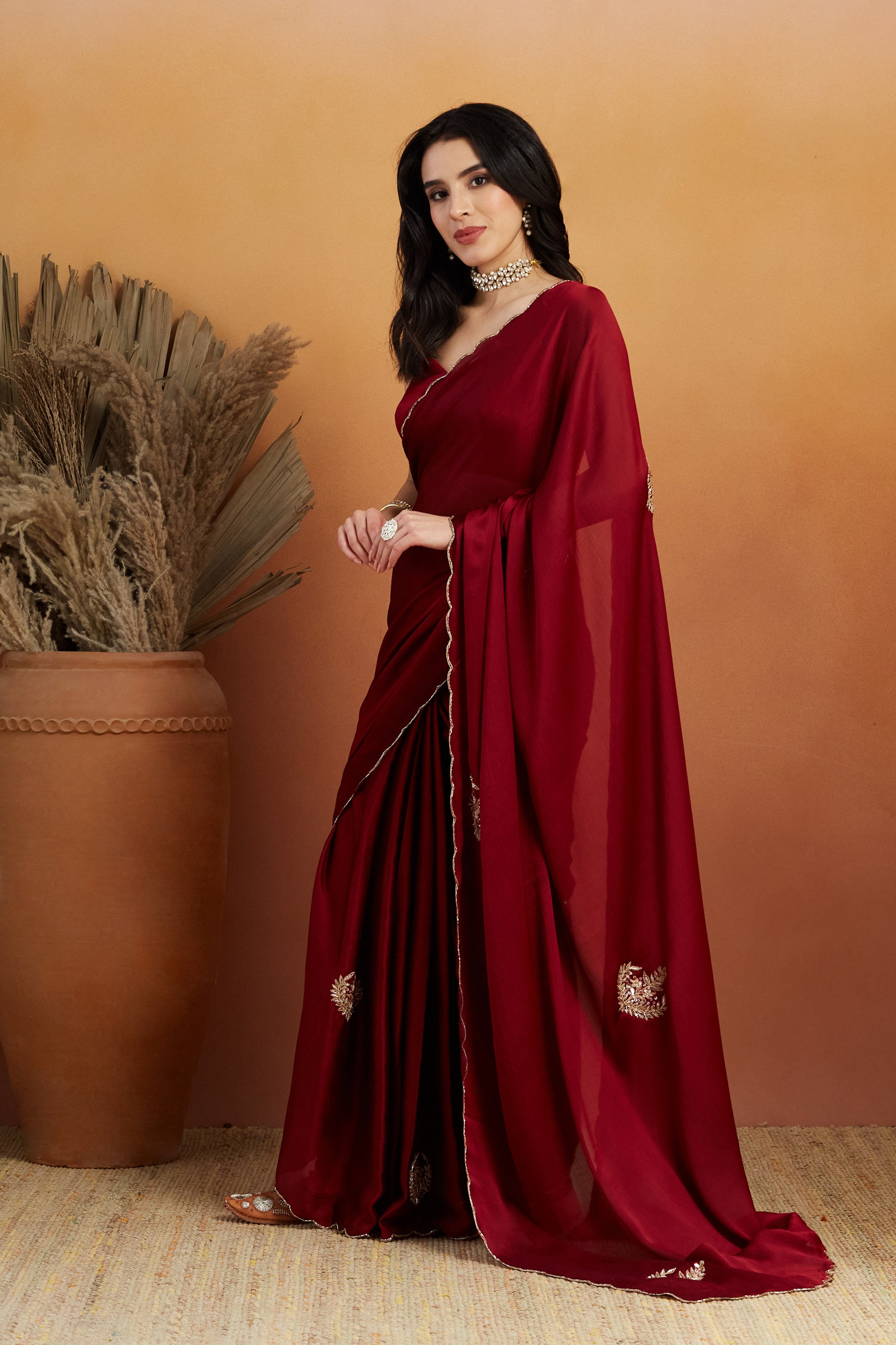 Khatali Work Butta Designer Cutwork Maroon Saree