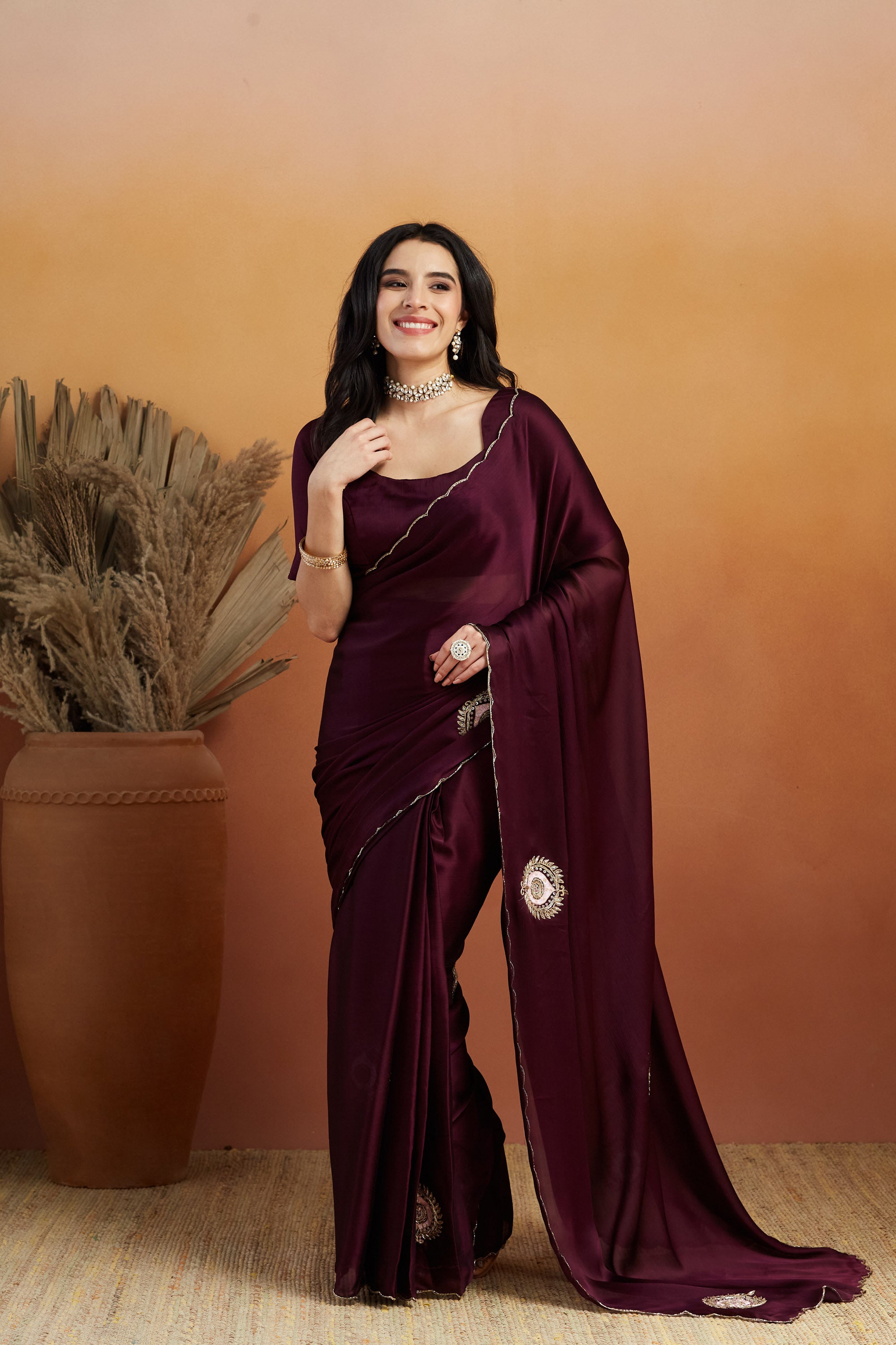 Khatali Work Butta Designer Cutwork Border Saree