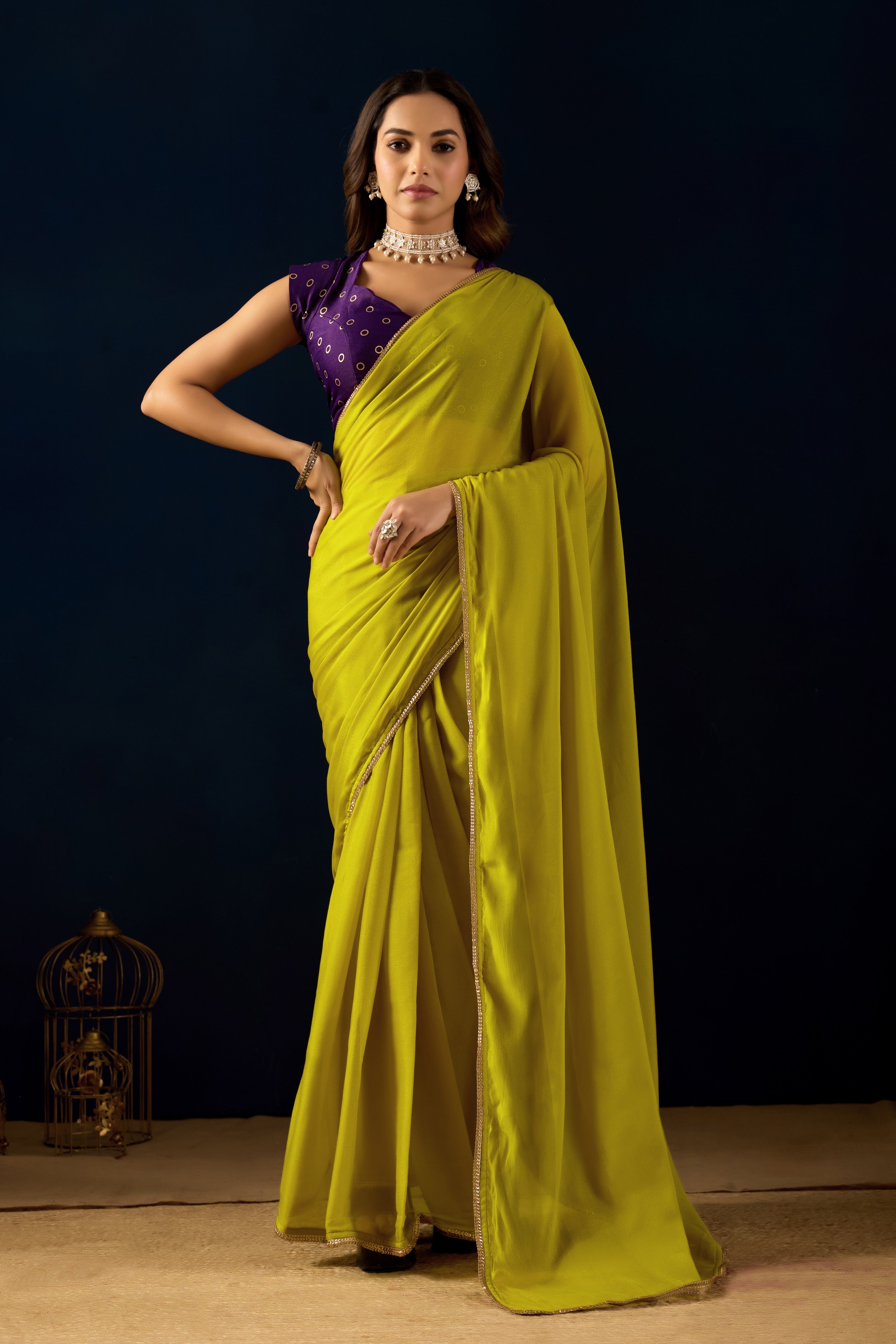 Ethereal Lime Radiance in Poly Georgette with Regal Purple Accents.