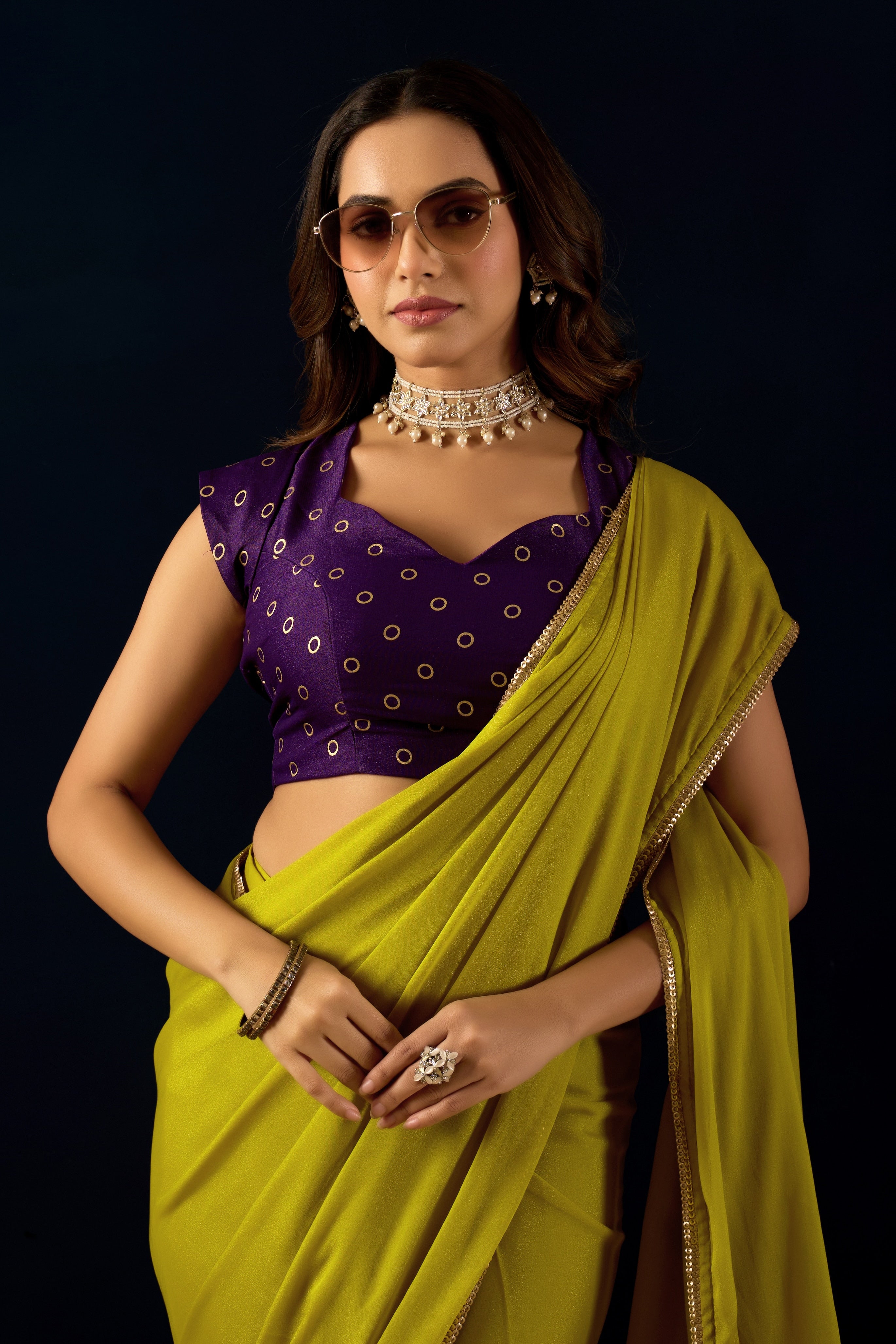 Ethereal Lime Radiance in Poly Georgette with Regal Purple Accents.