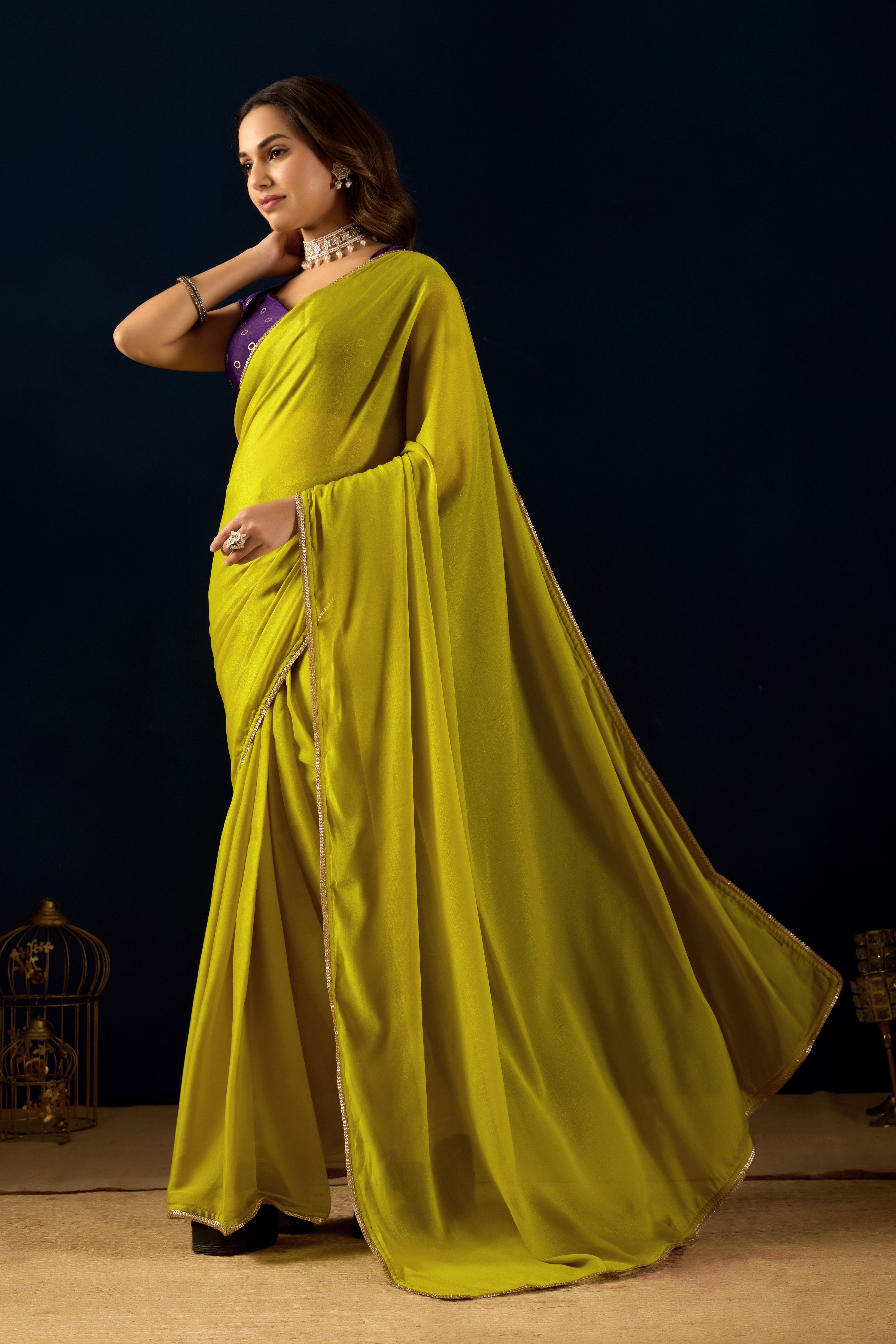 Ethereal Lime Radiance in Poly Georgette with Regal Purple Accents.