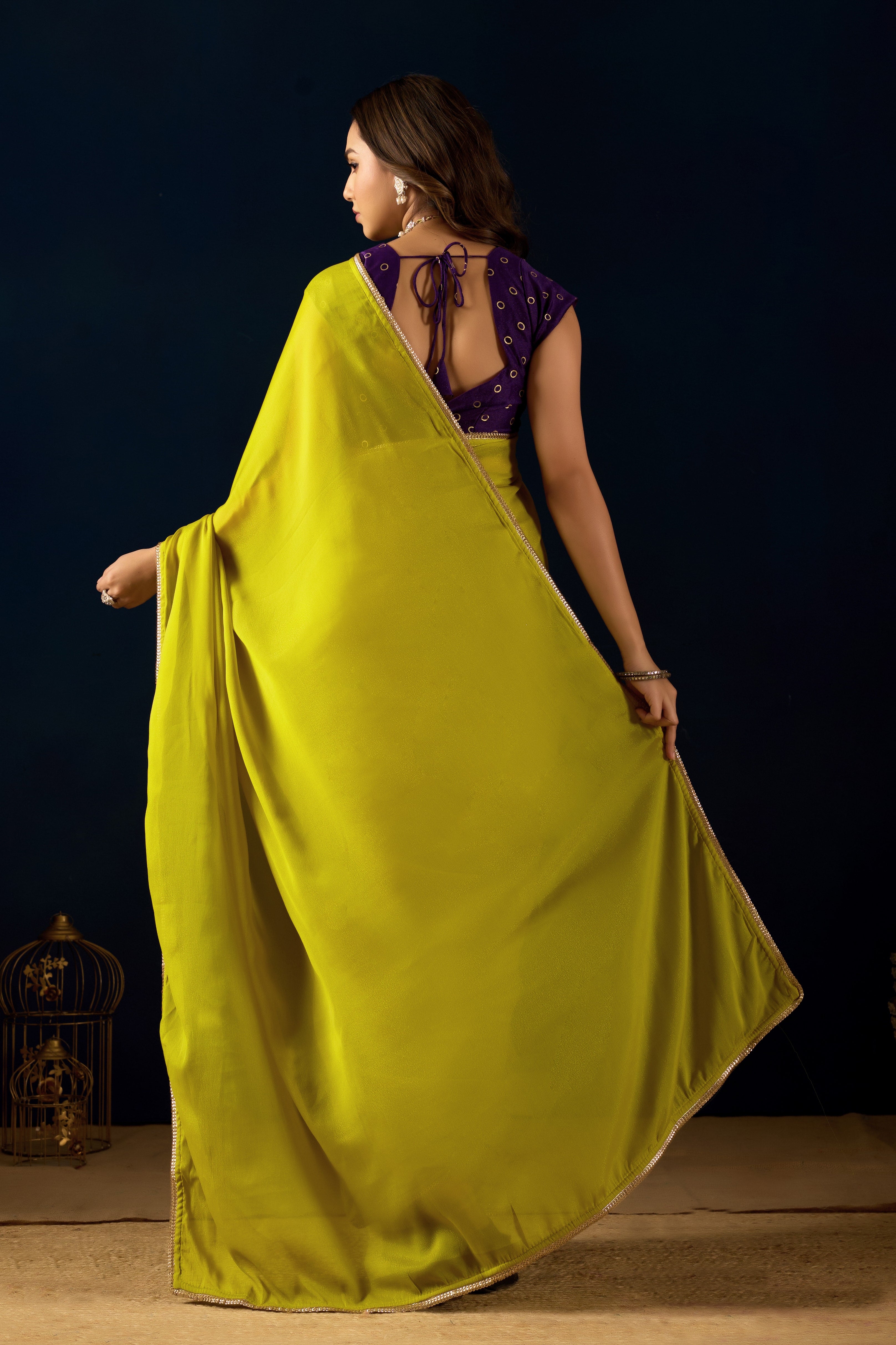 Ethereal Lime Radiance in Poly Georgette with Regal Purple Accents.