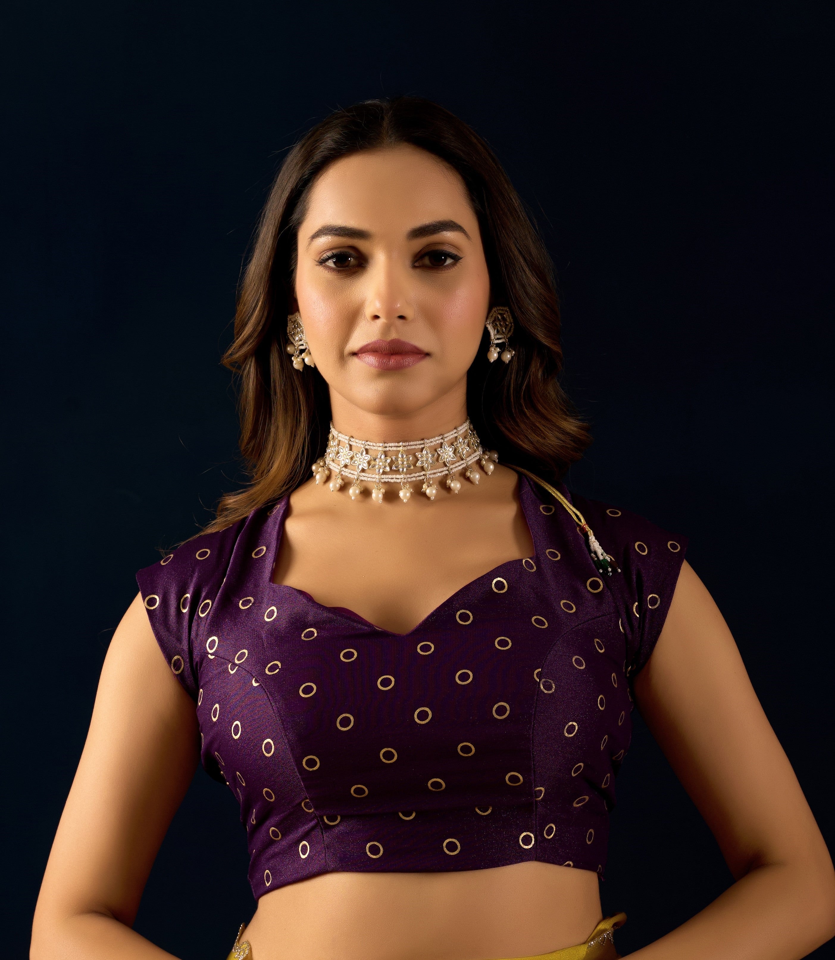 Ethereal Lime Radiance in Poly Georgette with Regal Purple Accents.