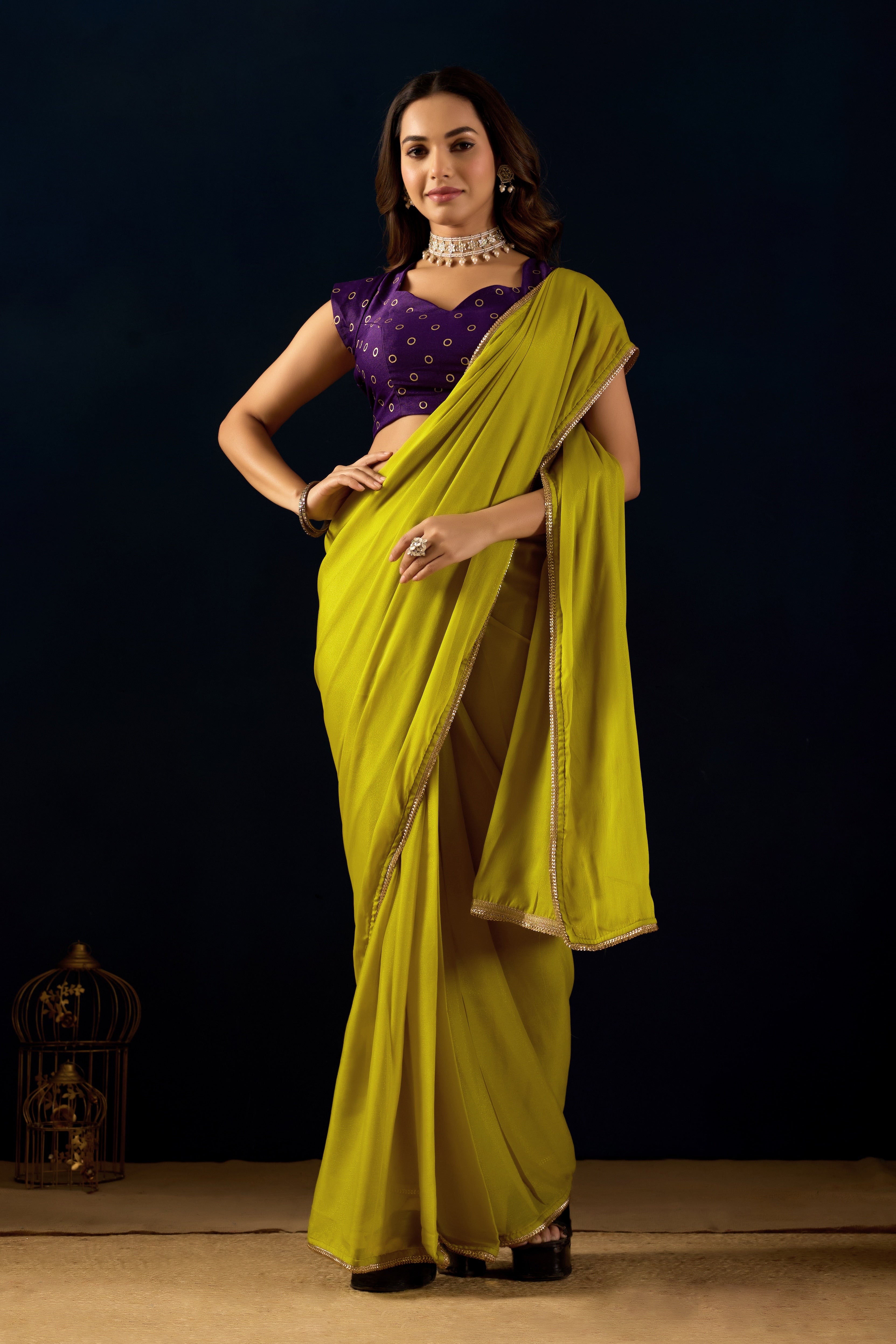 Ethereal Lime Radiance in Poly Georgette with Regal Purple Accents.