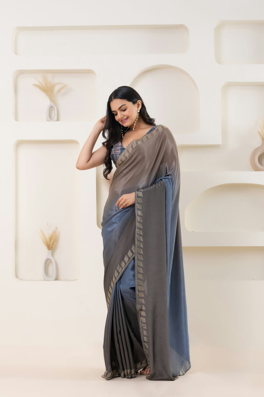 Ombre Grey Embellished Swarovski Ready to Wear Saree
