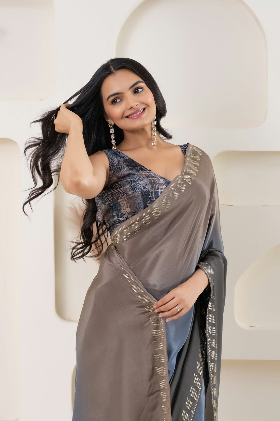 Ombre Grey Embellished Swarovski Ready to Wear Saree