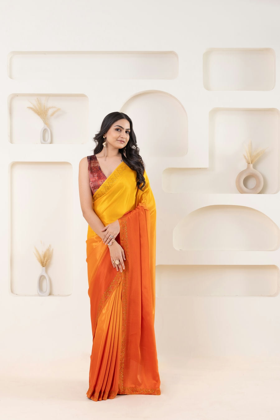 Ombre Yellow and Orange Embellished Swarovski Ready to Wear Saree