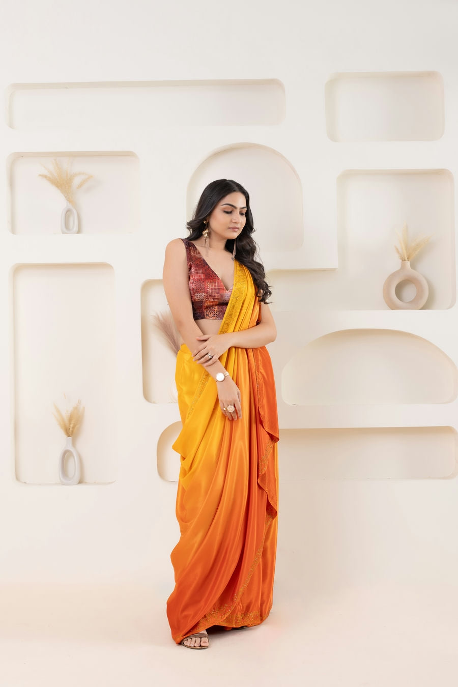 Ombre Yellow and Orange Embellished Swarovski Ready to Wear Saree