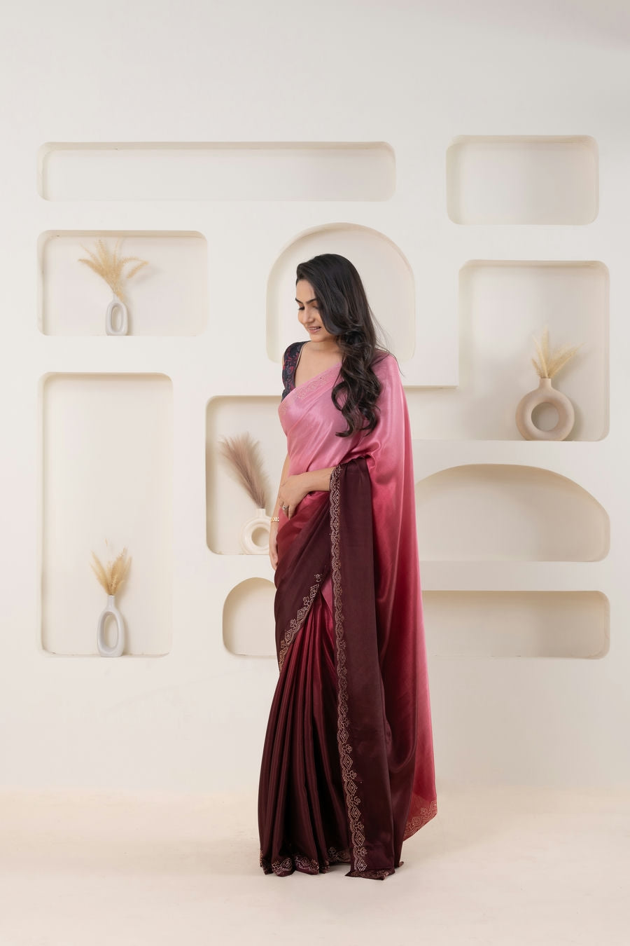 Multi Shading Swarovski Work Soft Silk Prestitched Ready To Wear Saree