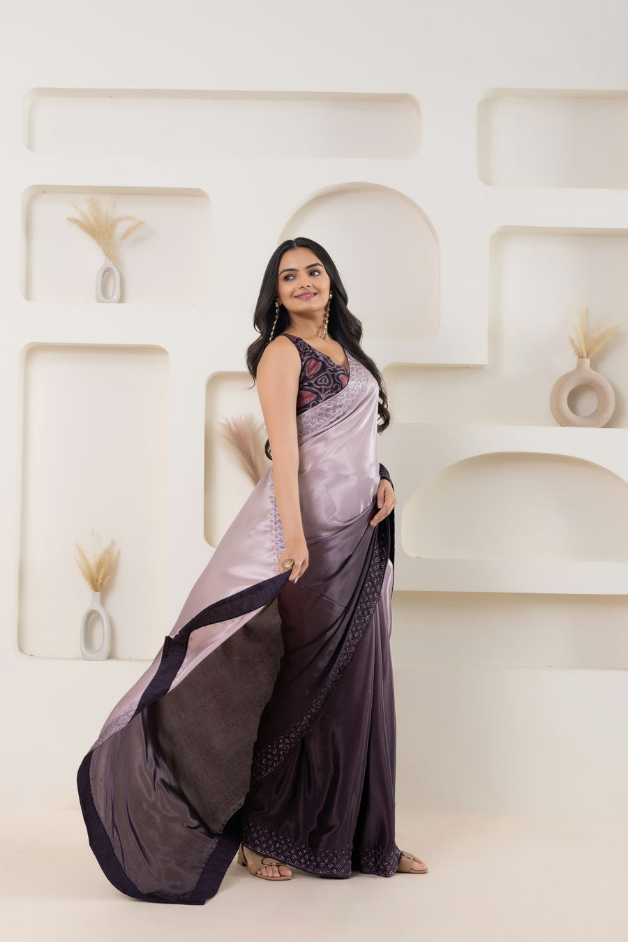 Multi Shading Swarovski Work Soft Silk Prestitched Ready To Wear Saree