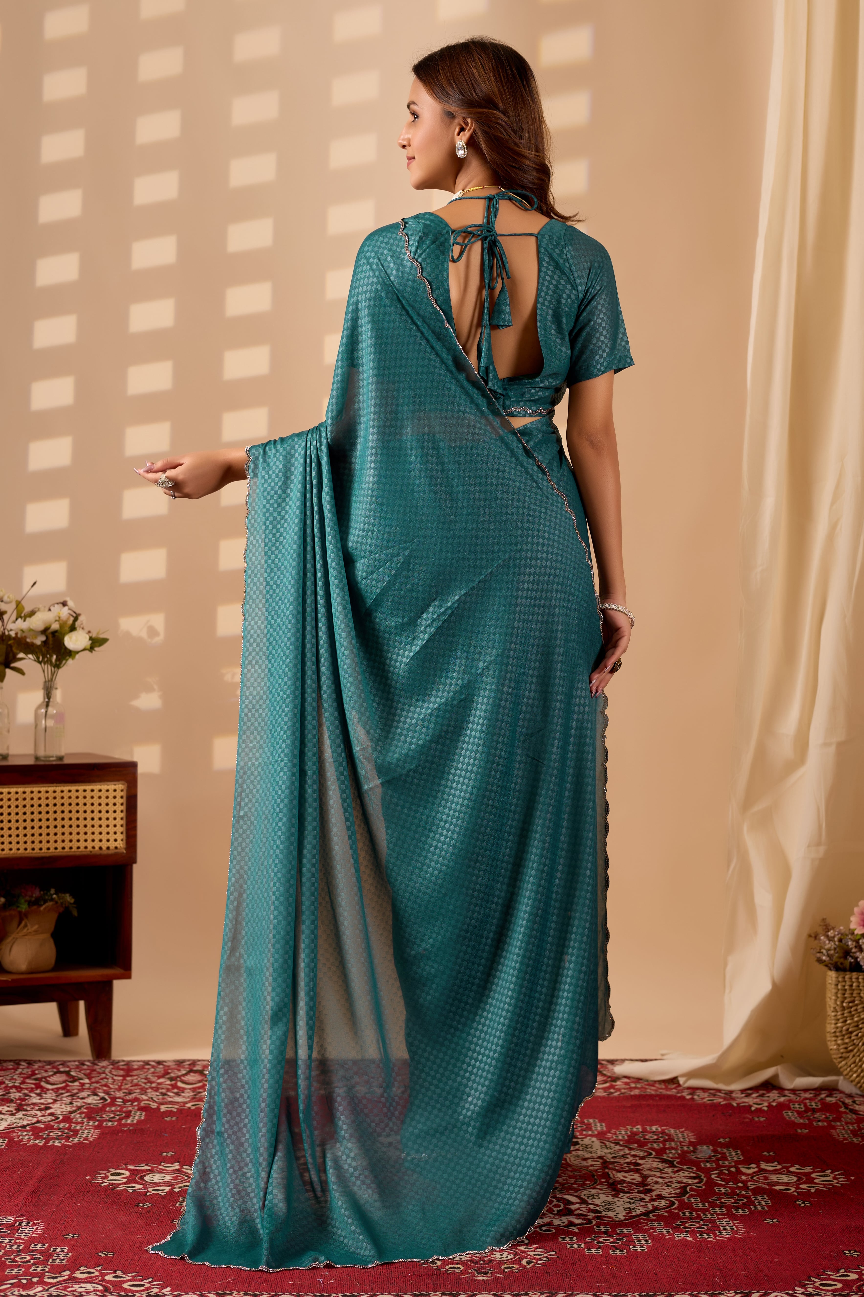 Ready-to-Wear Poly Georgette saree with a metallic checkered pattern and elegant scalloped borders.