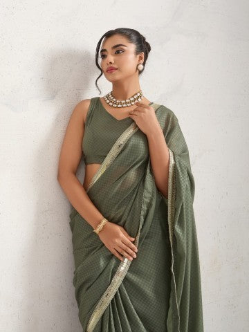 Amazing Olive Green Poly Georgette Ready to Wear Saree