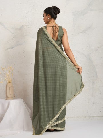 Amazing Olive Green Poly Georgette Ready to Wear Saree