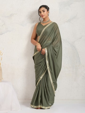 Amazing Olive Green Poly Georgette Ready to Wear Saree