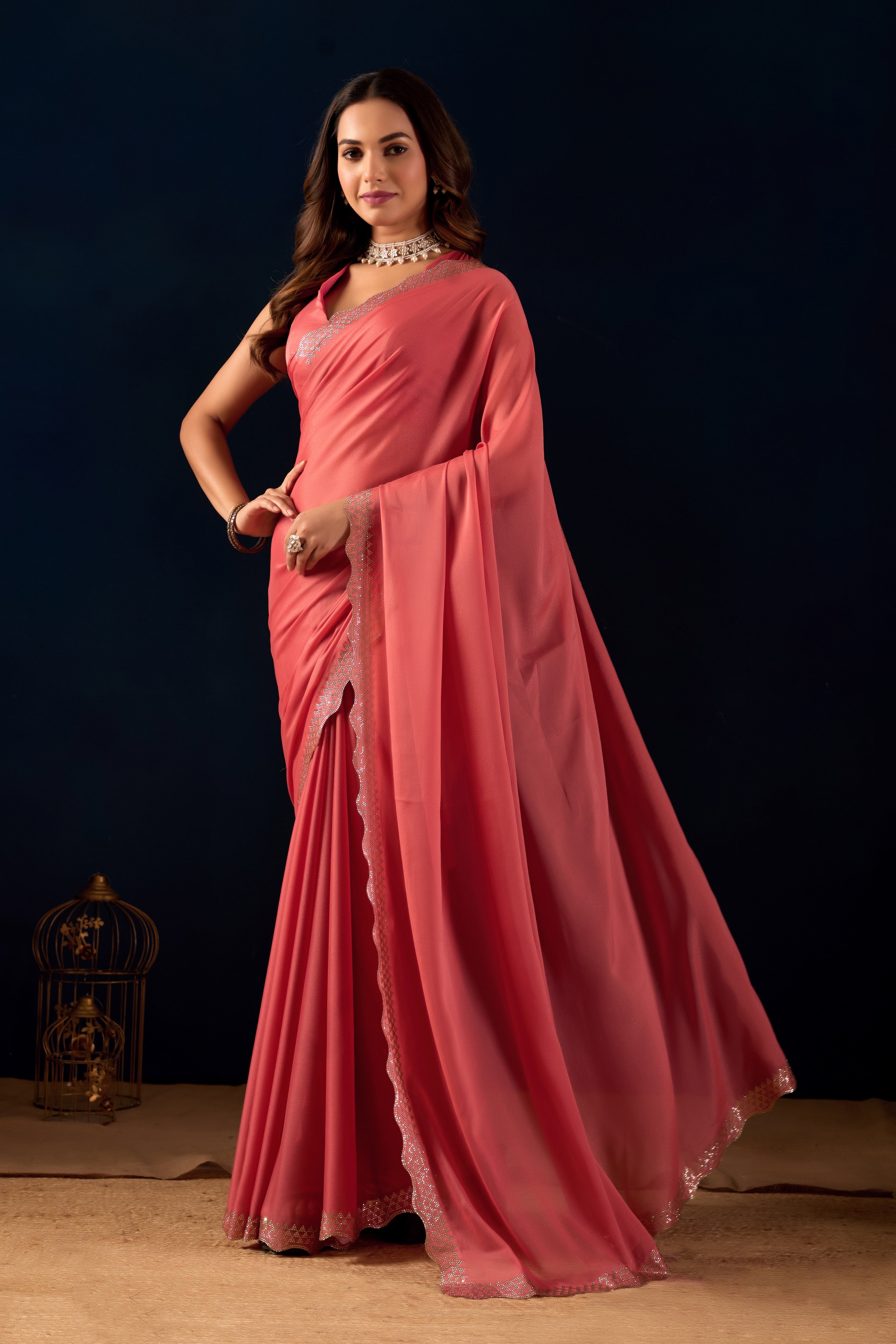 Shimmering Polly Georgette Saree with Designer Scalloped Borders .