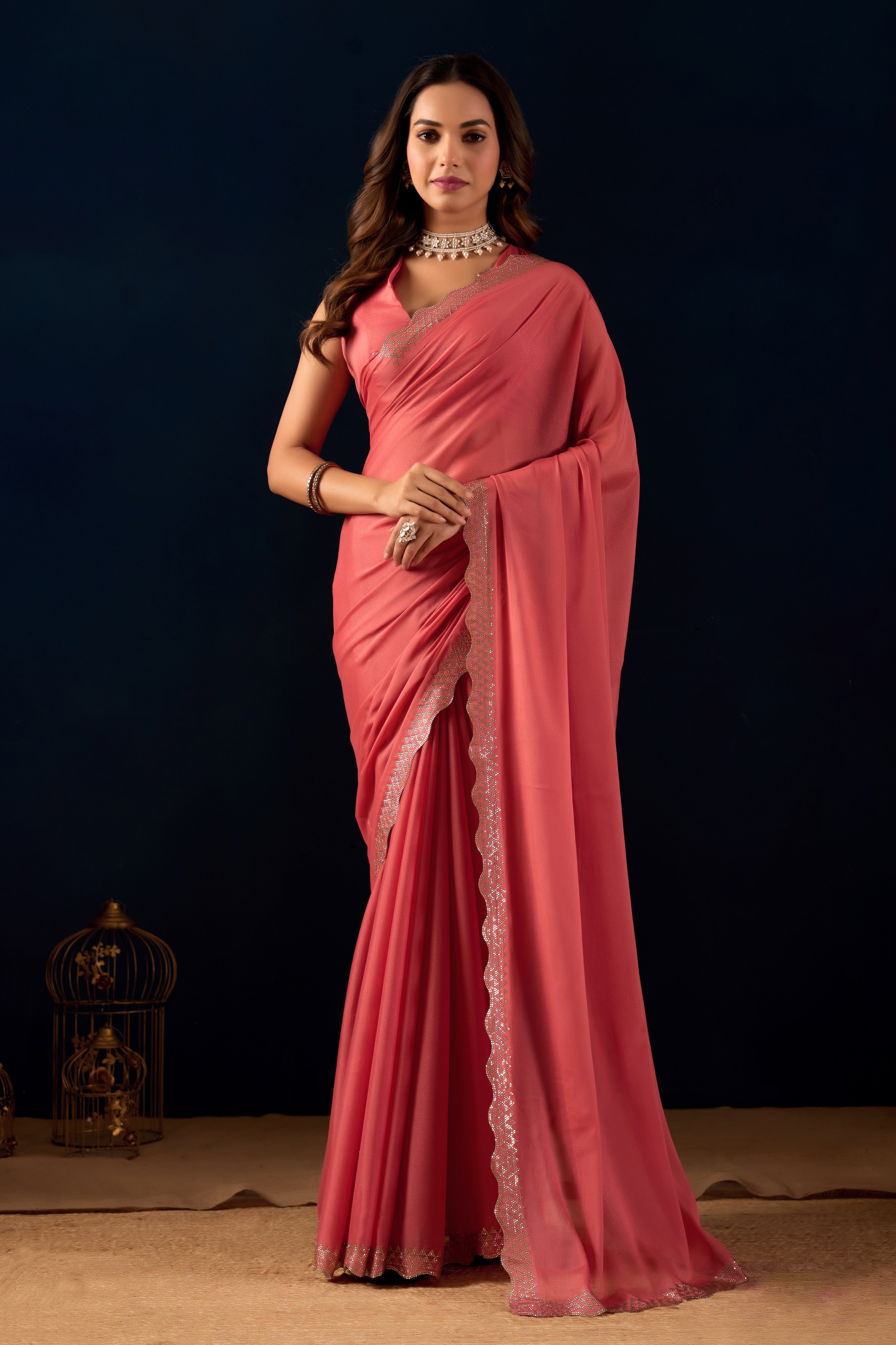 Shimmering Polly Georgette Saree with Designer Scalloped Borders .