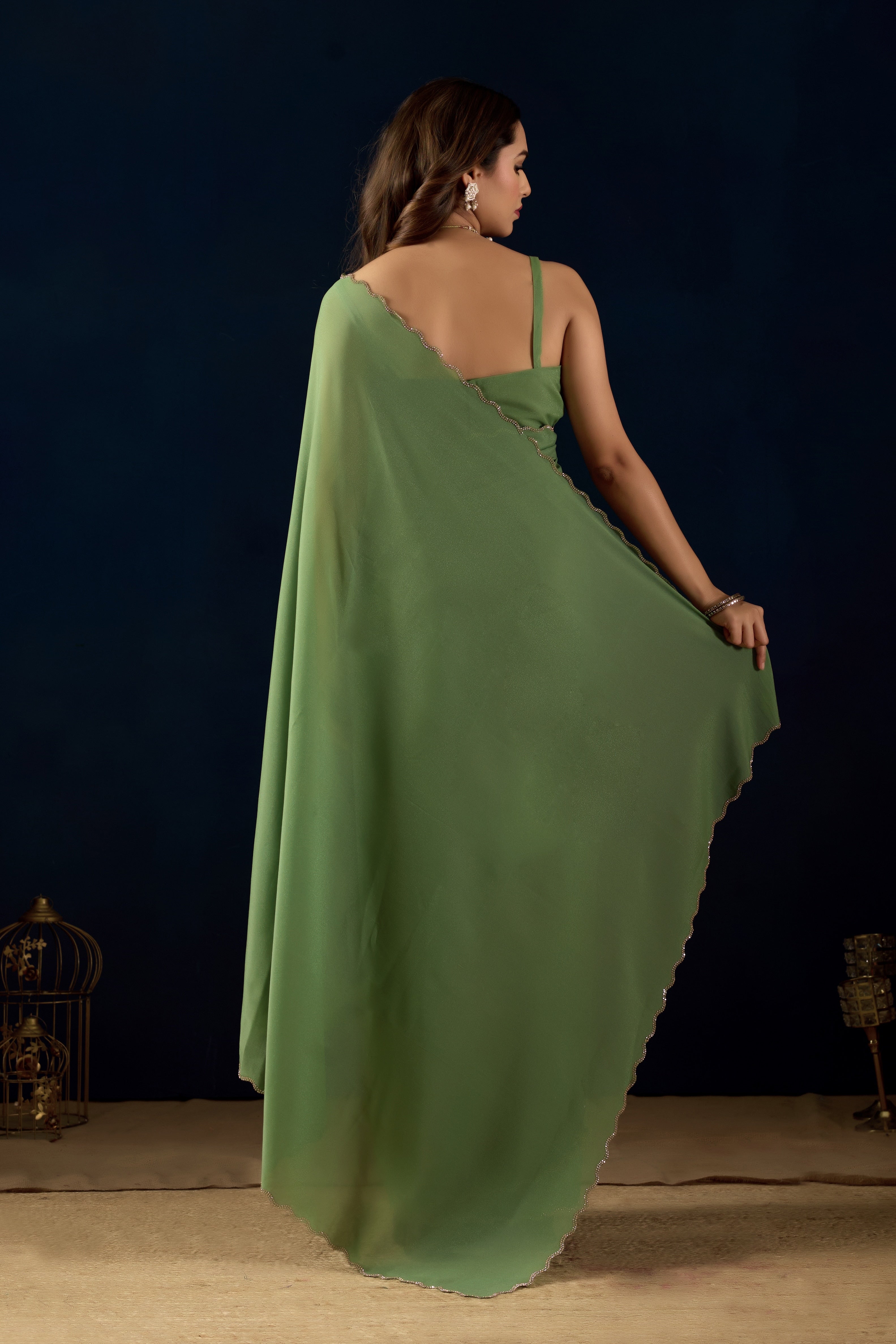 Olive Green Poly Georgette Ready To Wear Saree