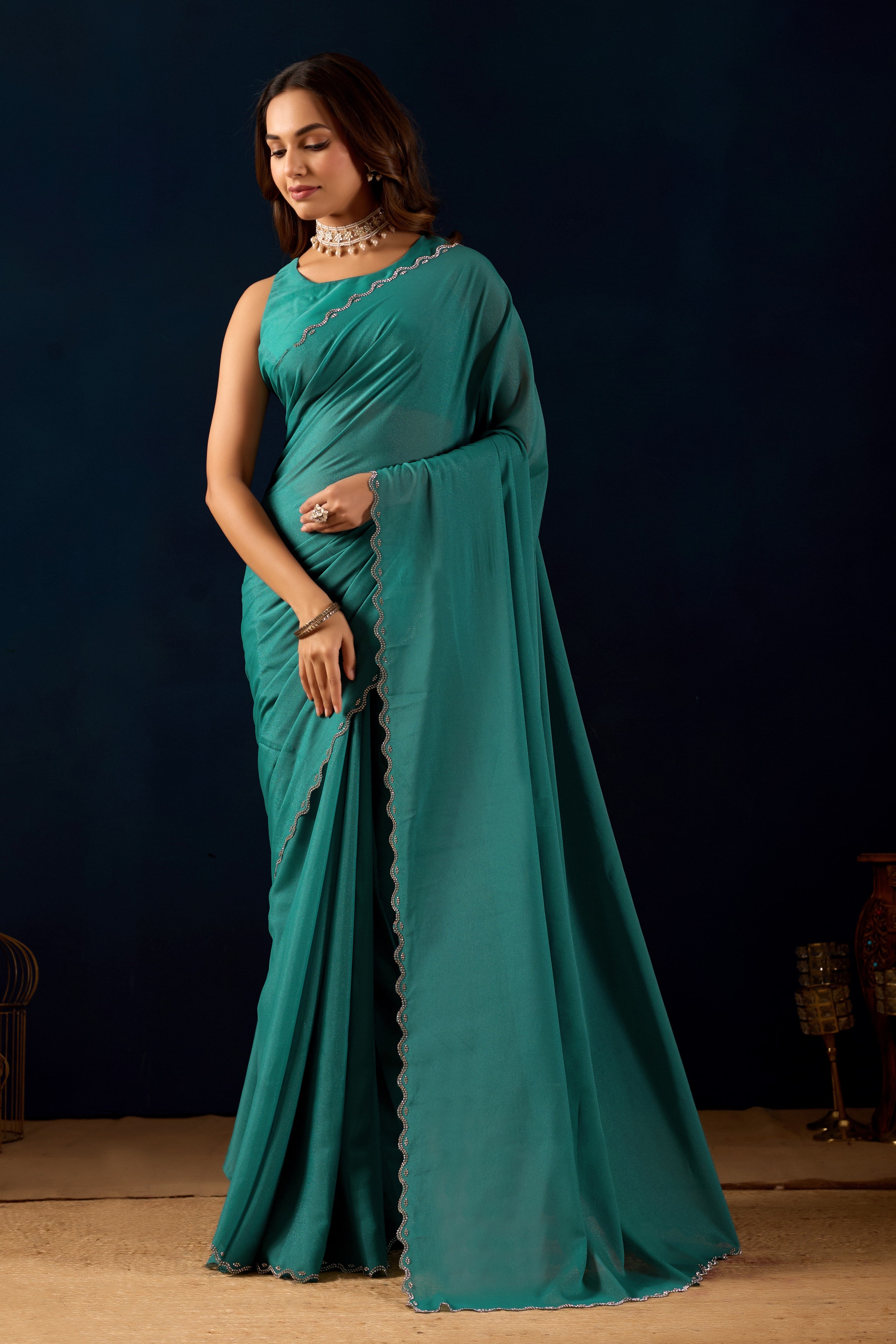 Pre-Stitched Polly Georgette Saree with Scalloped Borders .