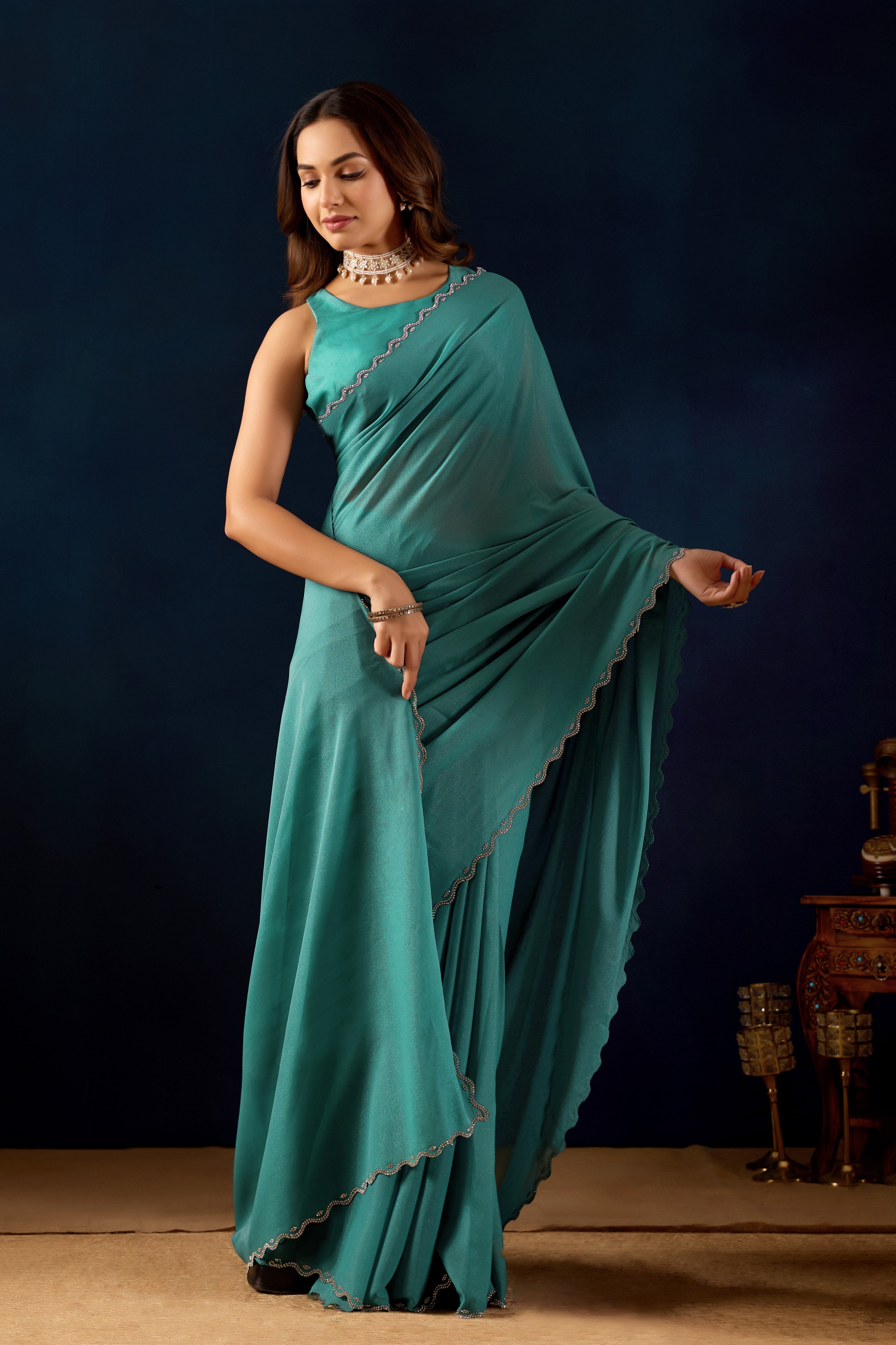 Pre-Stitched Polly Georgette Saree with Scalloped Borders .