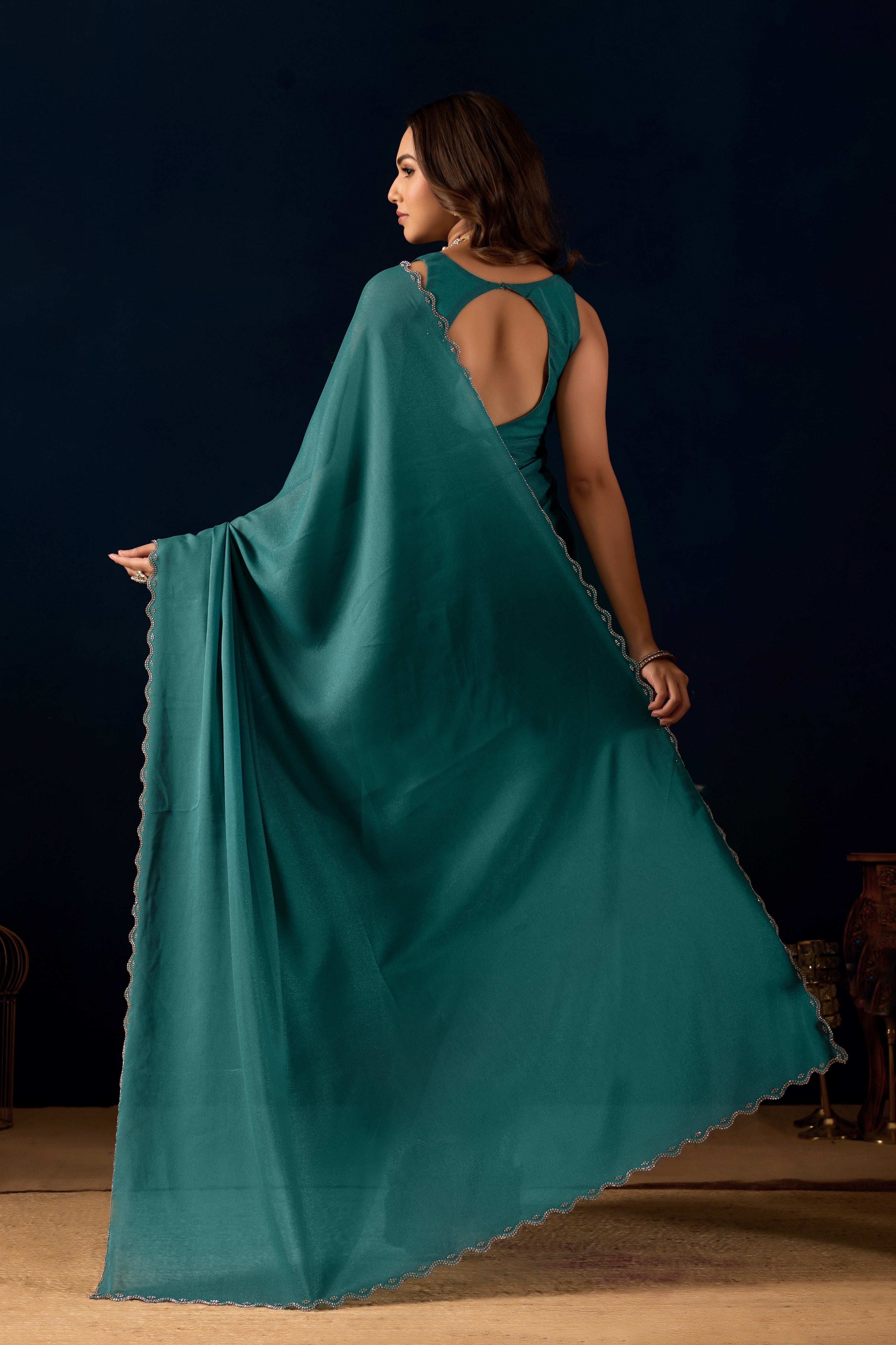 Pre-Stitched Polly Georgette Saree with Scalloped Borders .