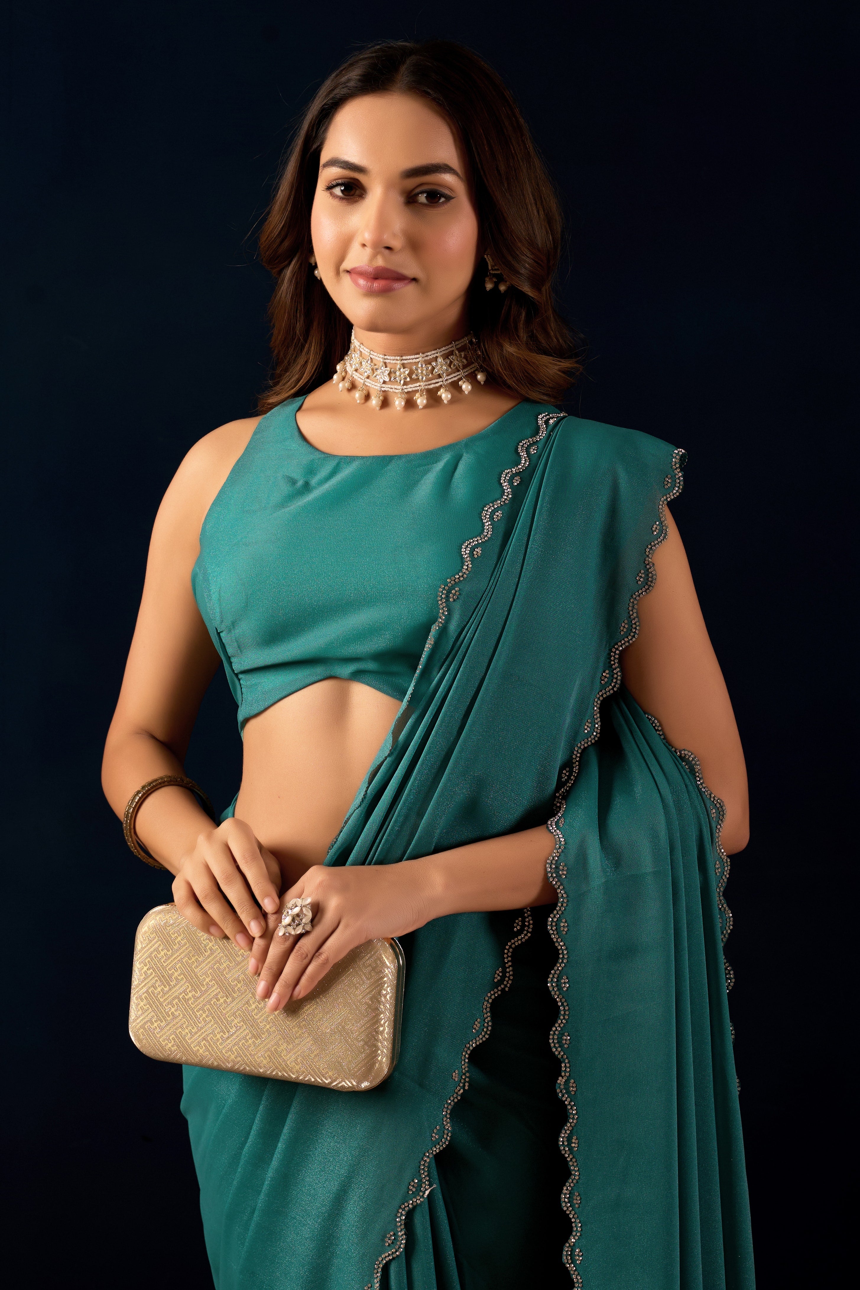 Pre-Stitched Polly Georgette Saree with Scalloped Borders .