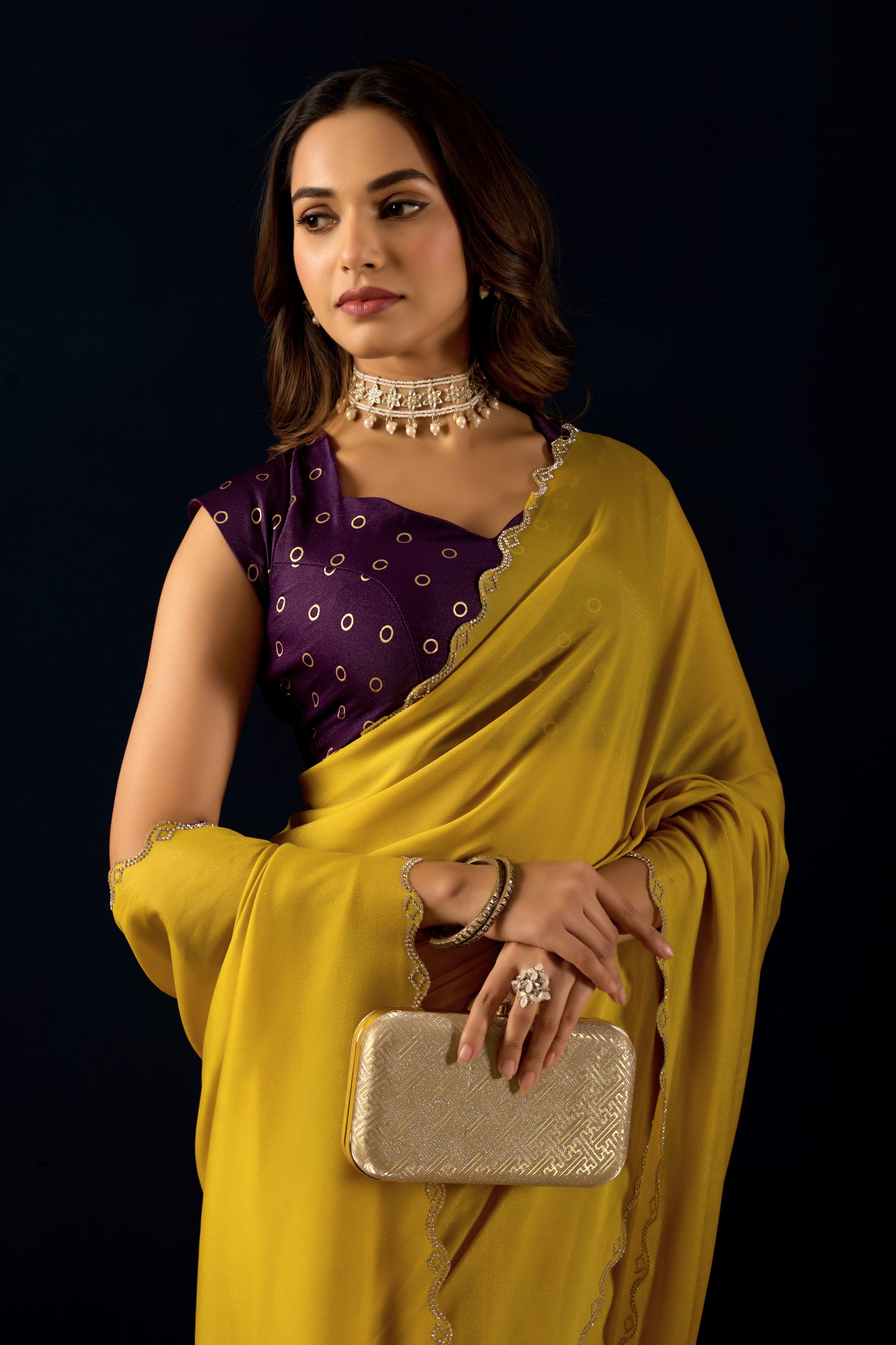Mustard Georgette Saree with Scalloped Borders .