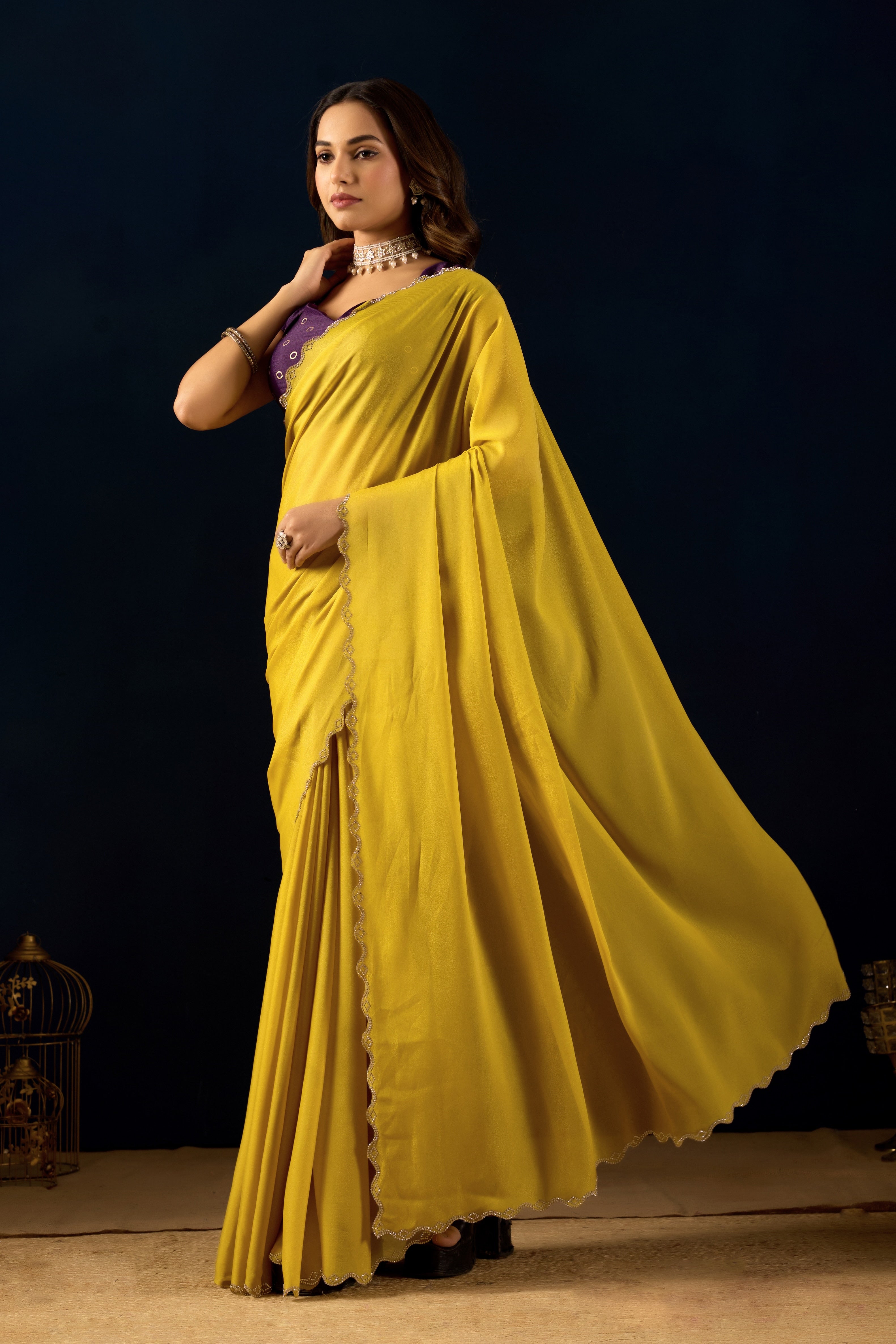 Mustard Georgette Saree with Scalloped Borders .