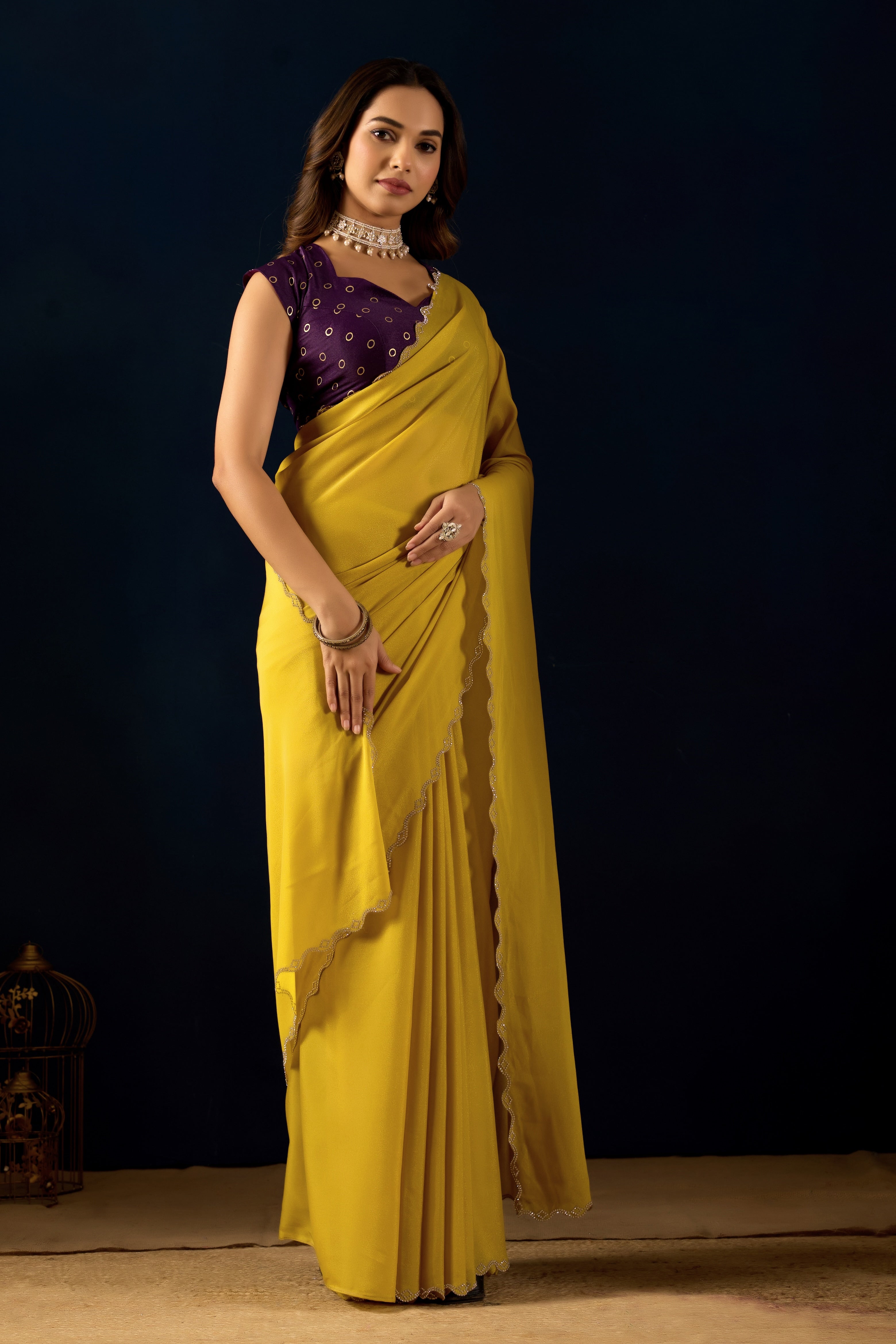 Mustard Georgette Saree with Scalloped Borders .