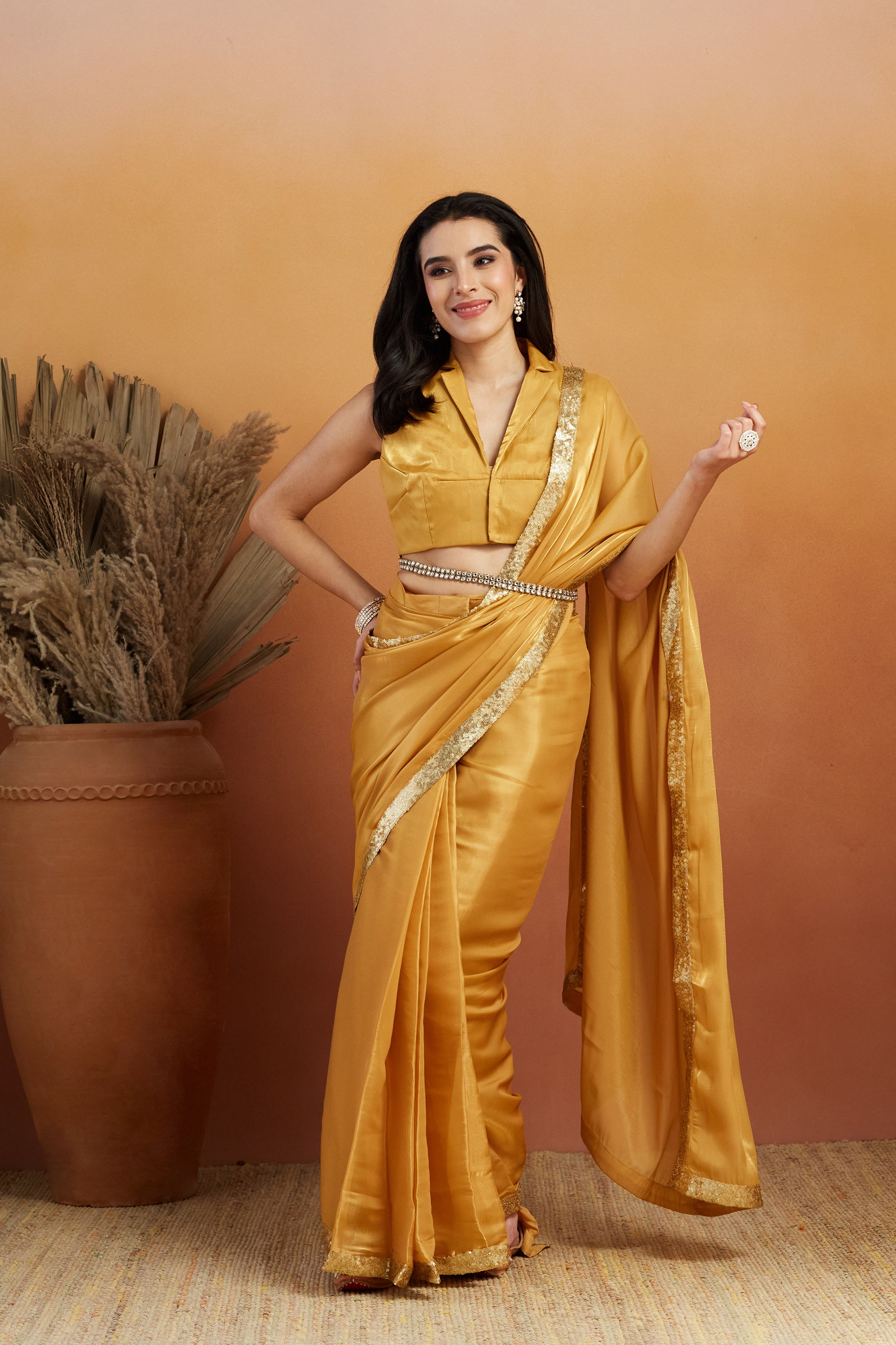 Embellished Glass Lace Work Mustard Satin Velvet  Saree