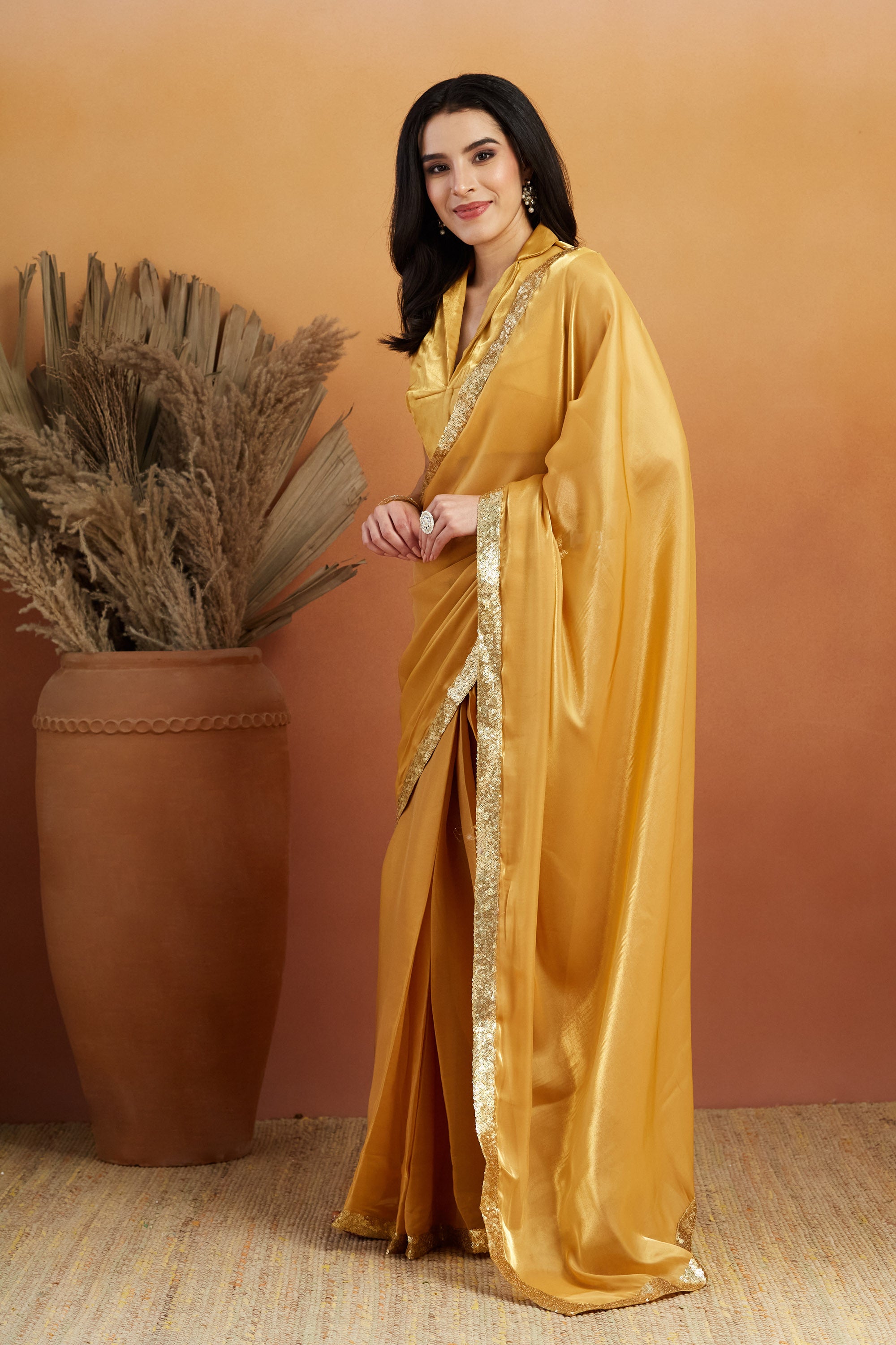 Embellished Glass Lace Work Mustard Satin Velvet  Saree