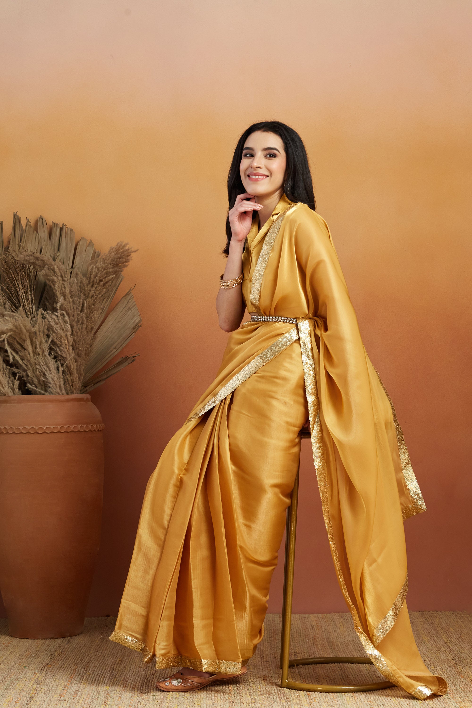 Embellished Glass Lace Work Mustard Satin Velvet Ready to Wear Saree