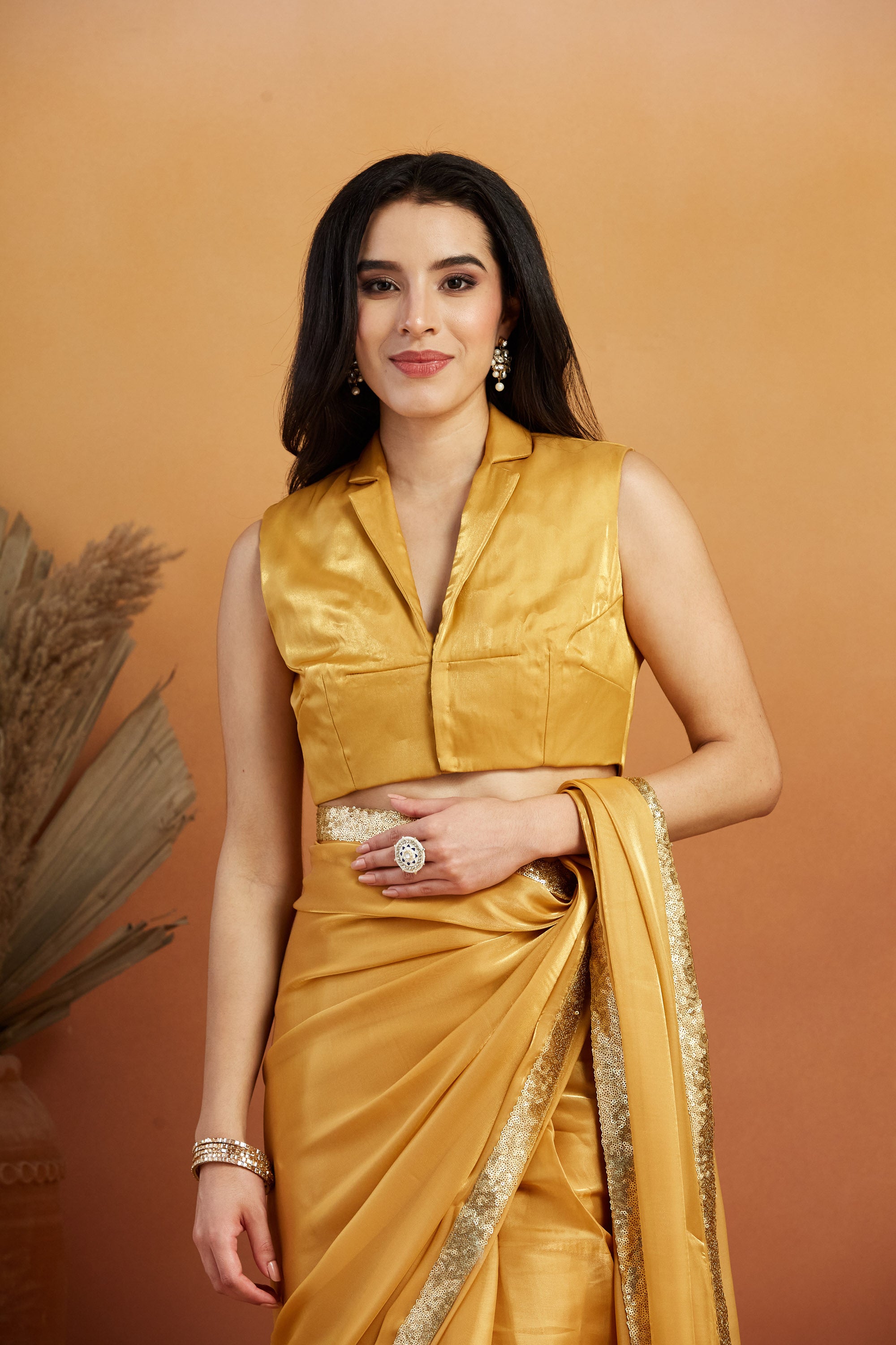 Embellished Glass Lace Work Mustard Satin Velvet Ready to Wear Saree