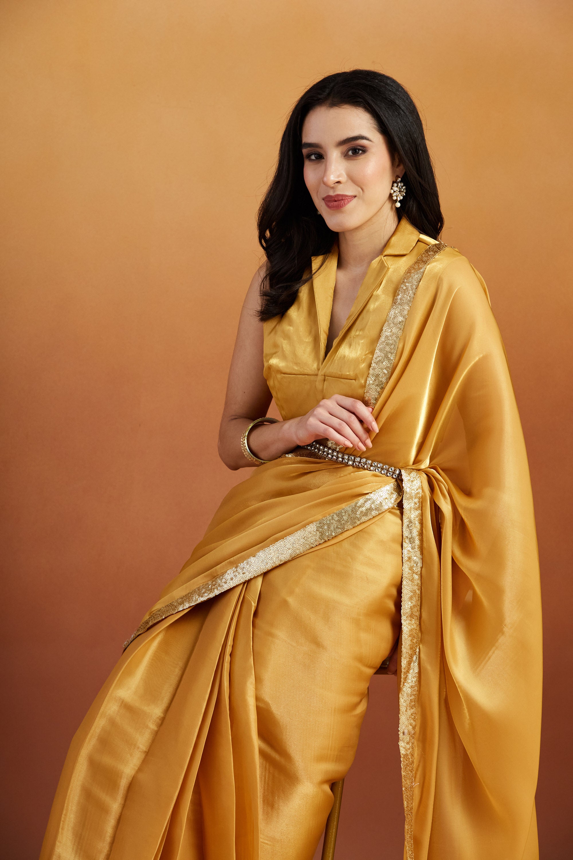Embellished Glass Lace Work Mustard Satin Velvet Ready to Wear Saree