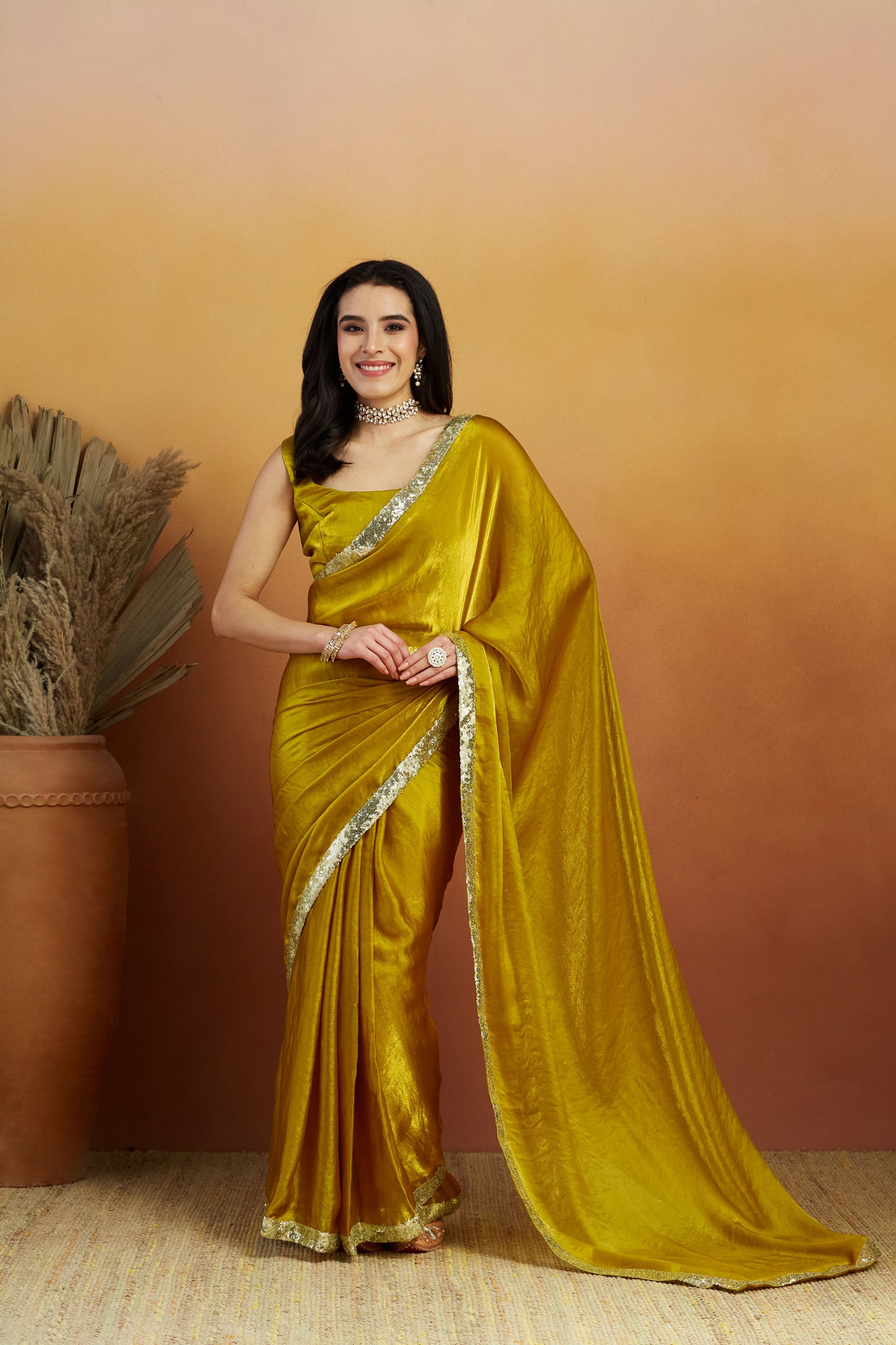 Embellished Glass Lace Work Gold Satin Velvet Saree
