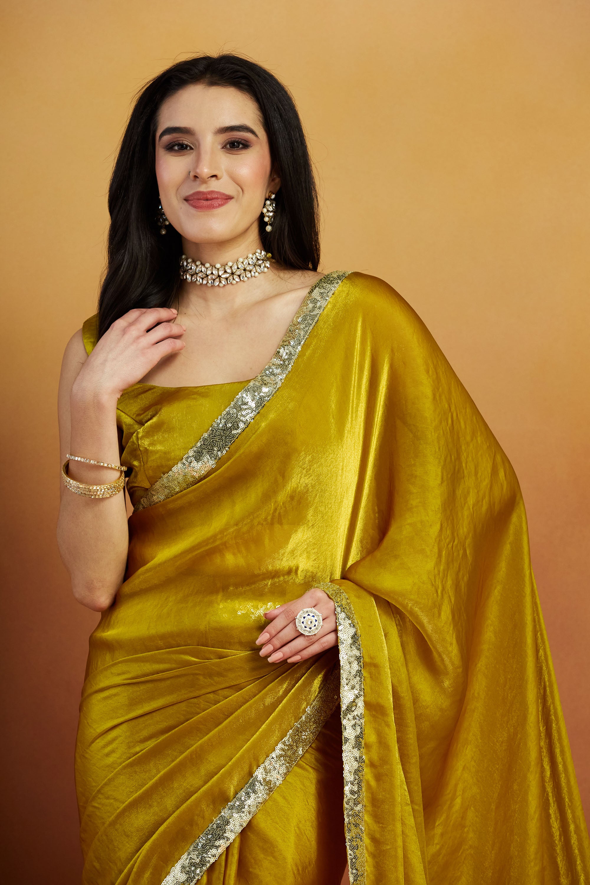 Embellished Glass Lace Work Gold Satin Velvet Saree