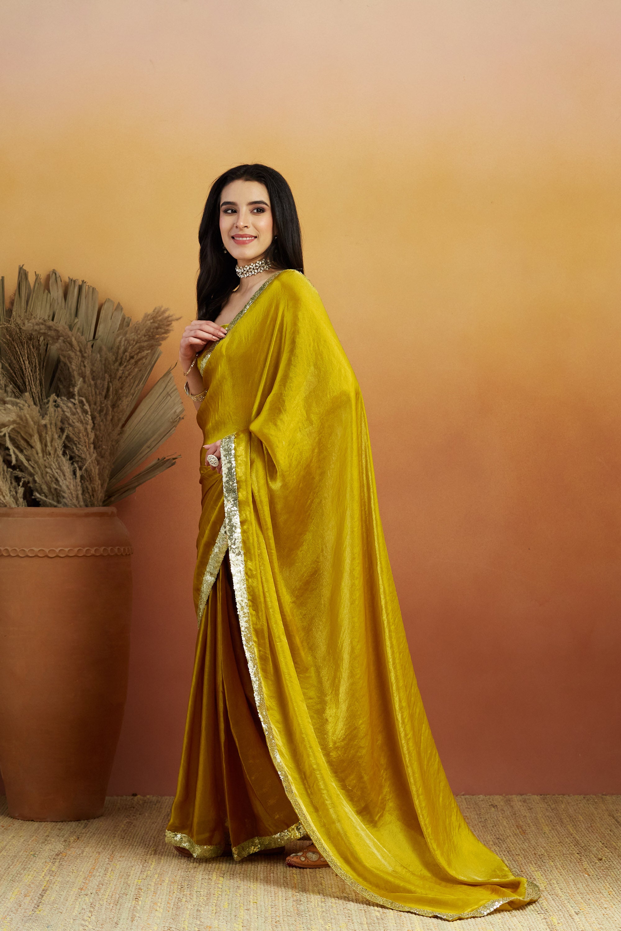 Embellished Glass Lace Work Gold Satin Velvet  Ready to Wear Saree