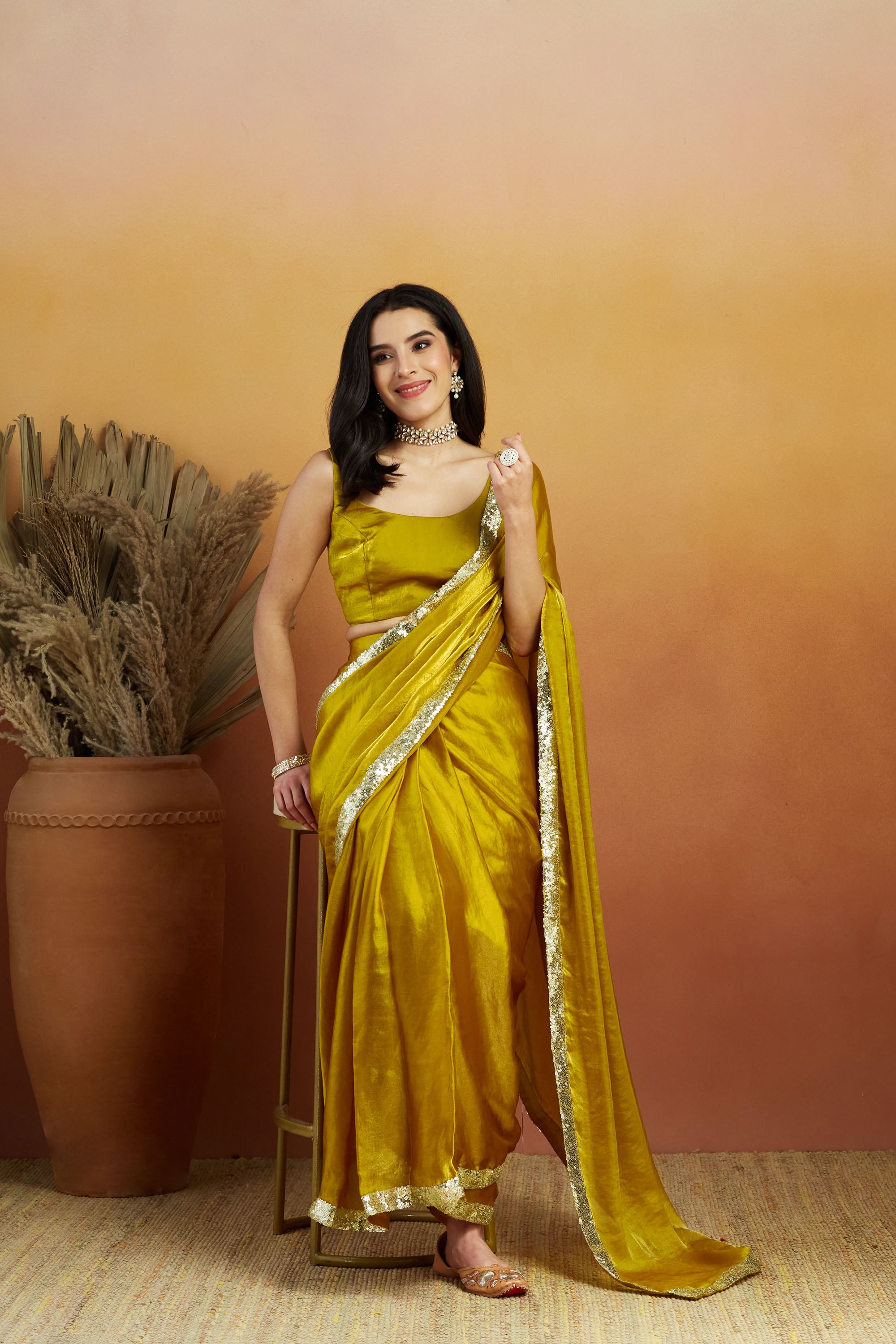 Embellished Glass Lace Work Gold Satin Velvet  Ready to Wear Saree