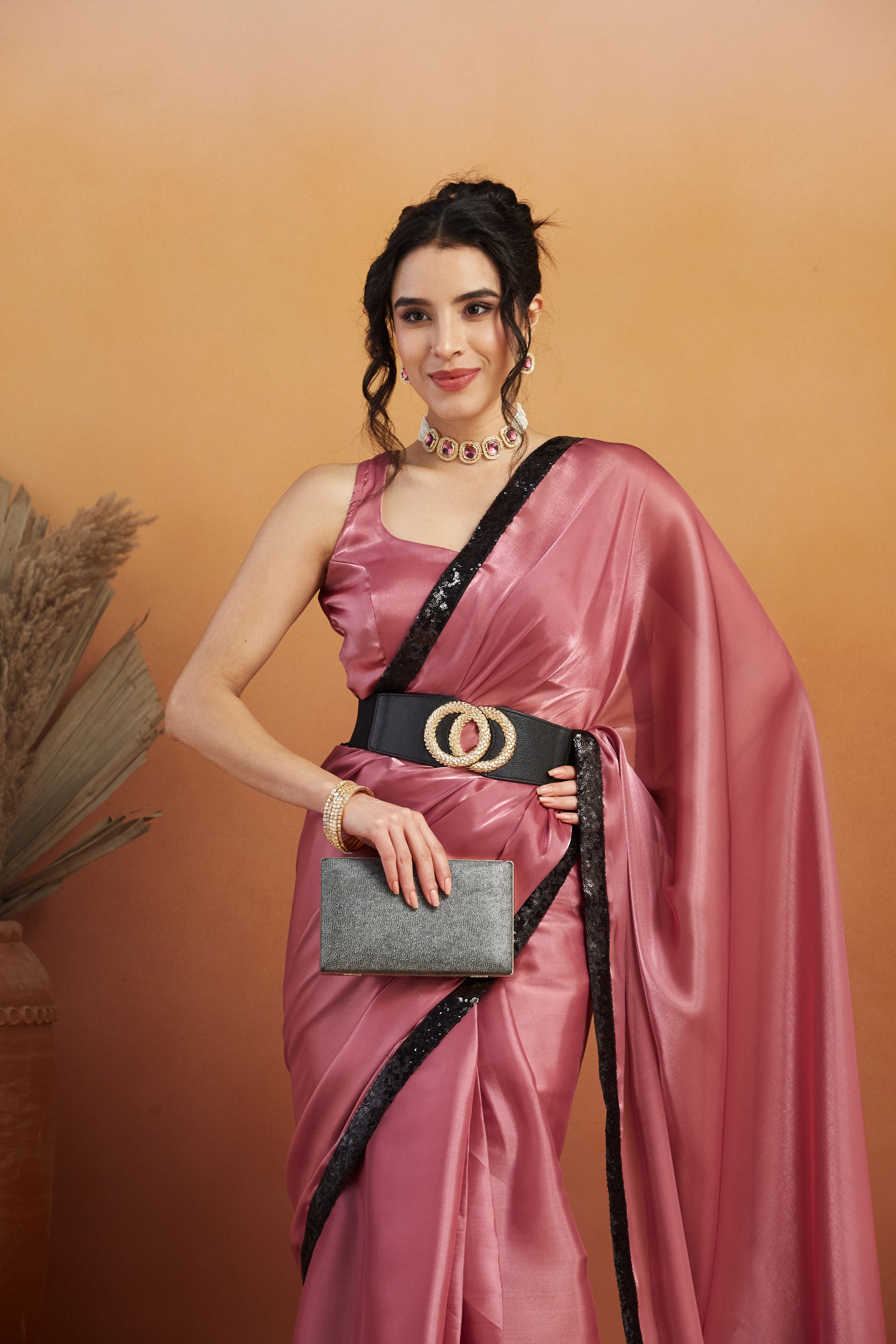 Embellished Glass Lace Work Pink Satin Velvet Ready to Wear Saree