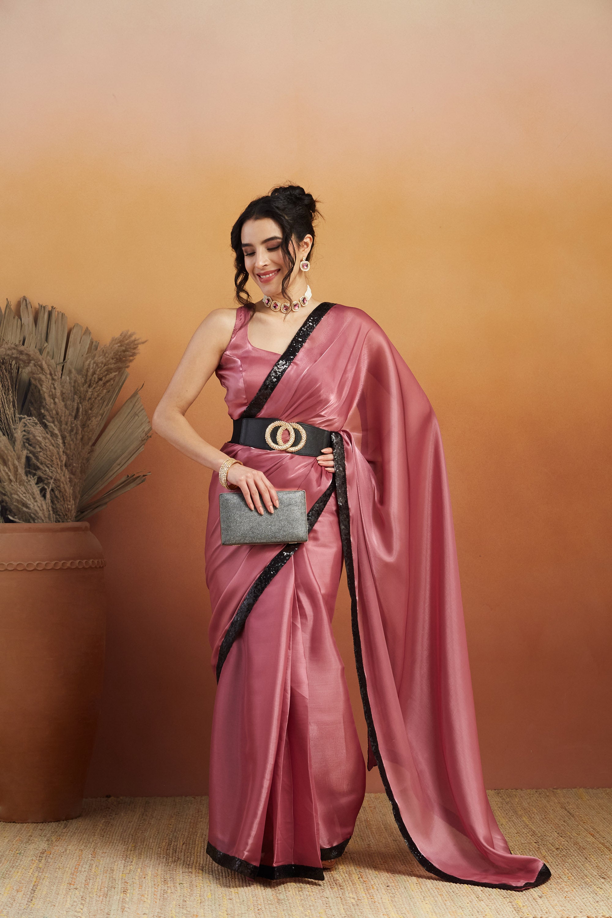 Embellished Glass Lace Work Pink Satin Velvet  Saree
