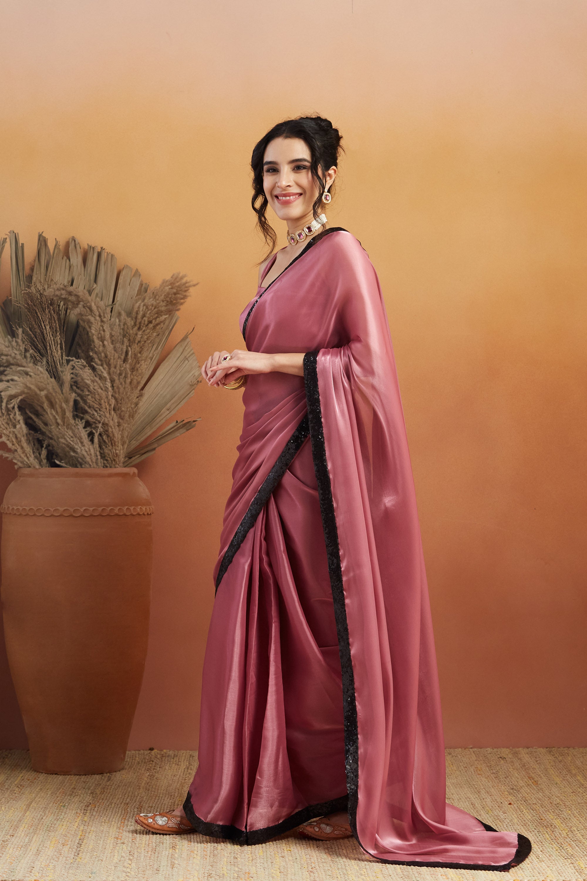 Embellished Glass Lace Work Pink Satin Velvet  Saree