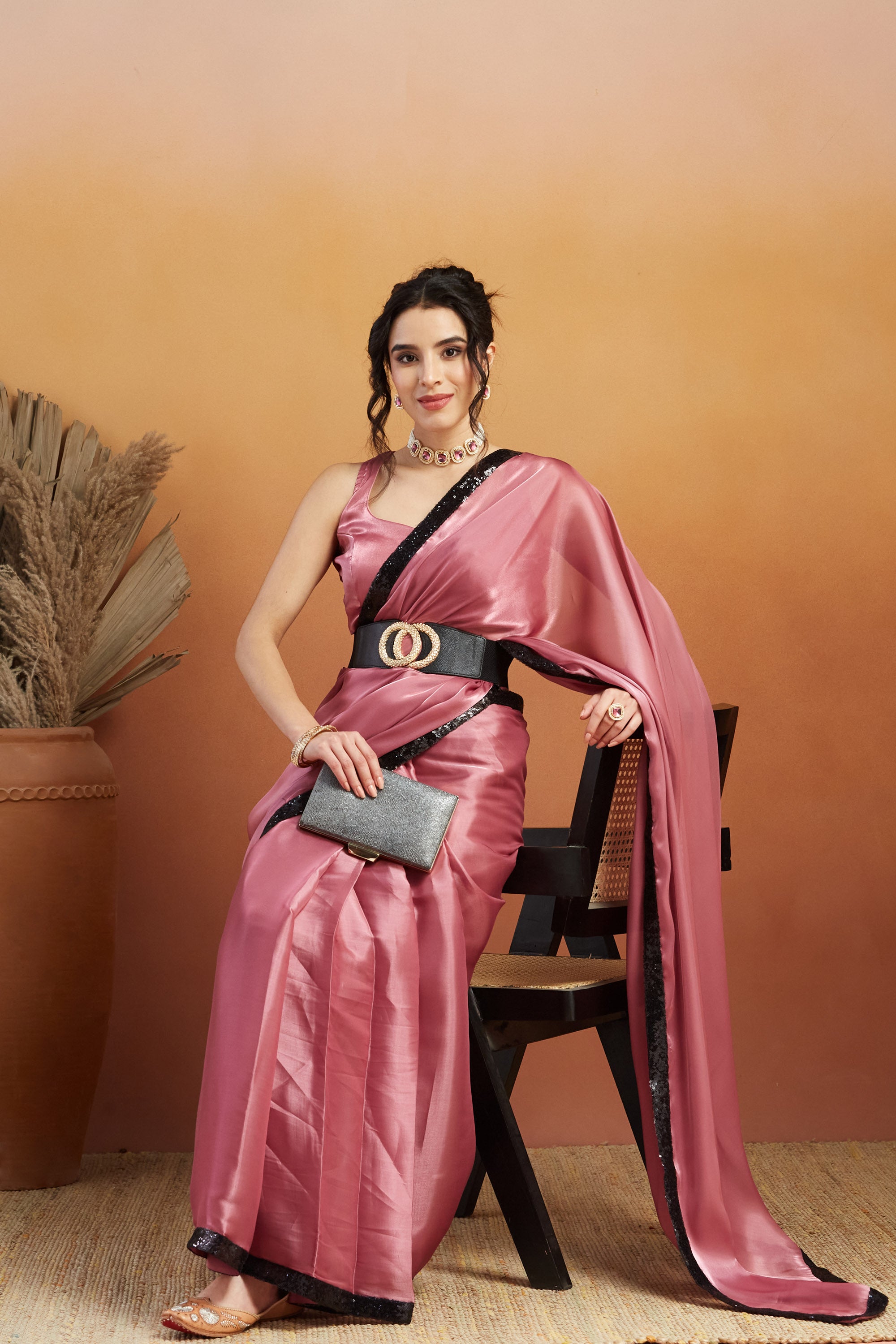 Embellished Glass Lace Work Pink Satin Velvet Ready to Wear Saree