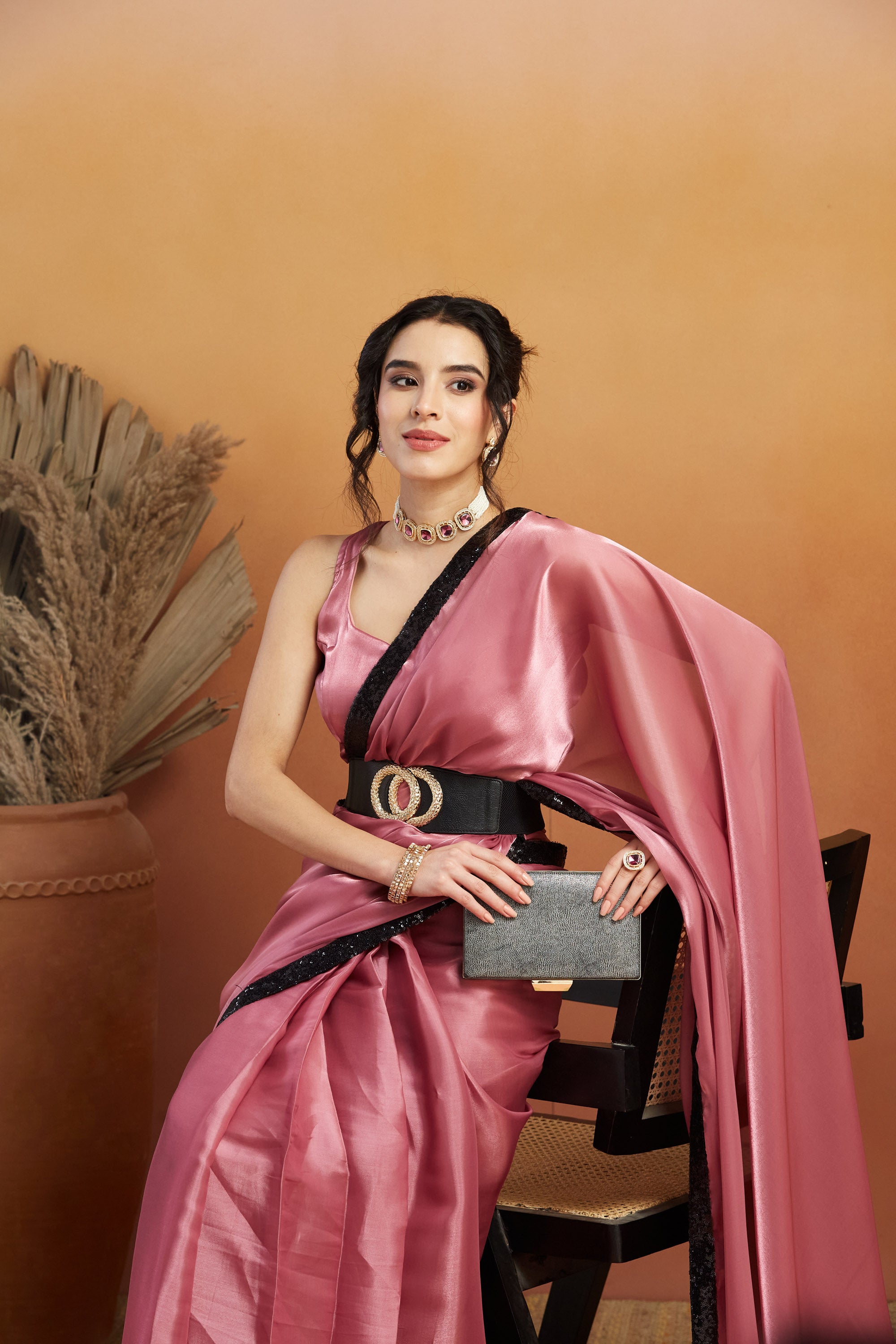 Embellished Glass Lace Work Pink Satin Velvet Ready to Wear Saree