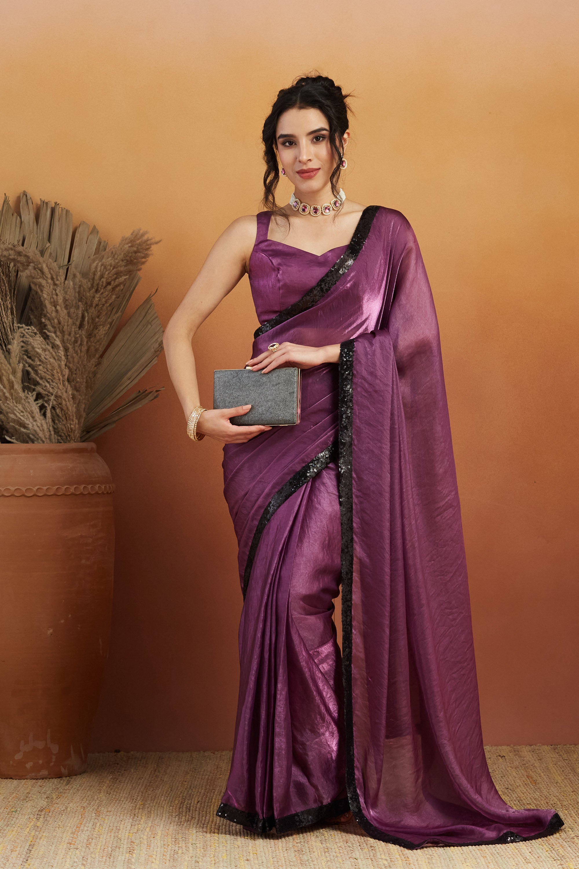 Embellished Glass Lace Work Purple Satin Velvet  Saree