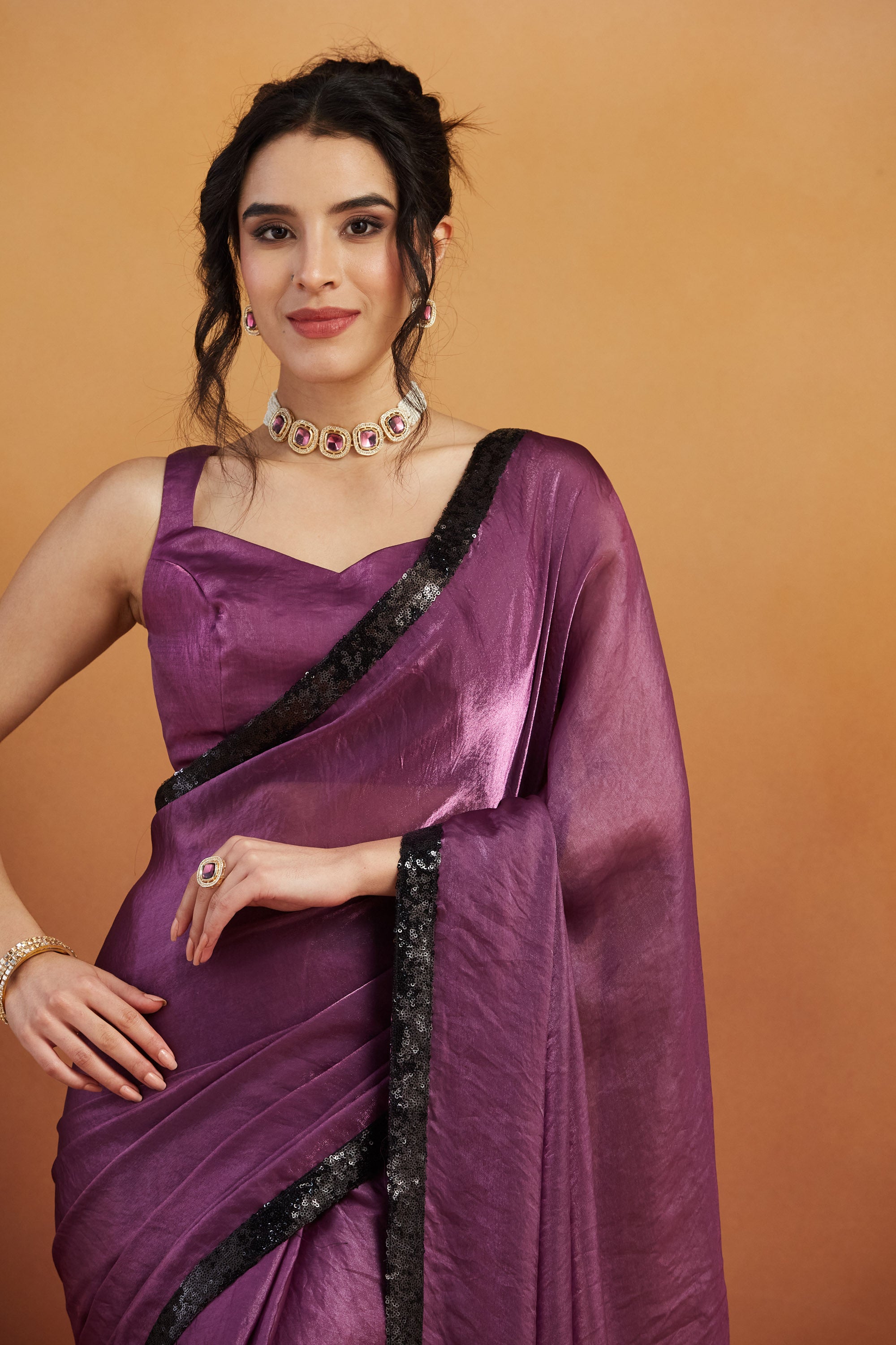 Embellished Glass Lace Work Purple Satin Velvet Ready to Wear Saree