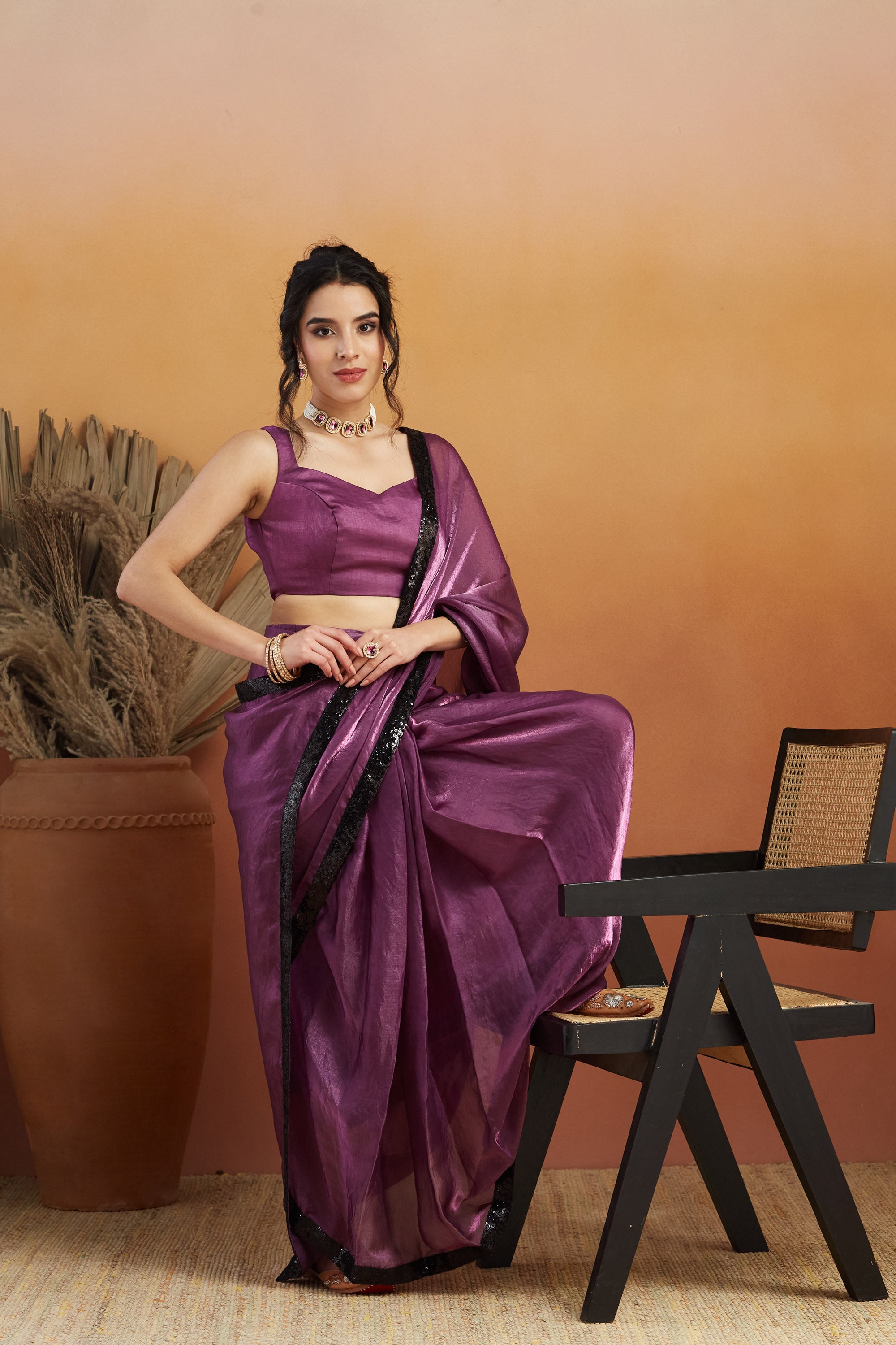 Embellished Glass Lace Work Purple Satin Velvet Ready to Wear Saree